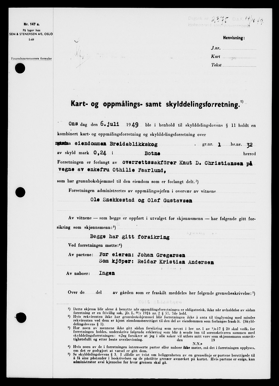 Holmestrand sorenskriveri, SAKO/A-67/G/Ga/Gaa/L0067: Pantebok nr. A-67, 1949-1949, Dagboknr: 2375/1949
