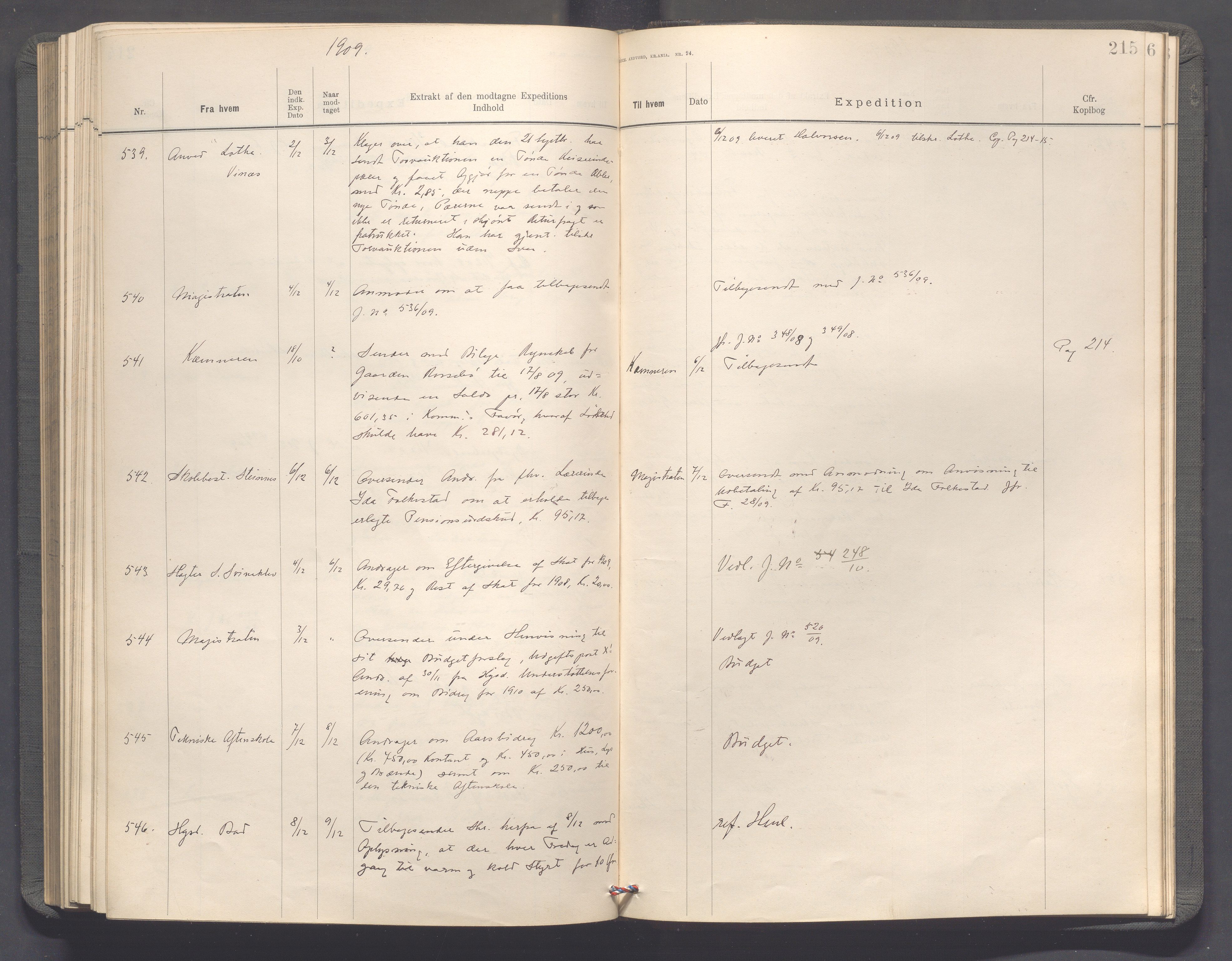 Haugesund kommune - Formannskapet, IKAR/X-0001/C/L0003: Journal, 1907-1910, s. 215