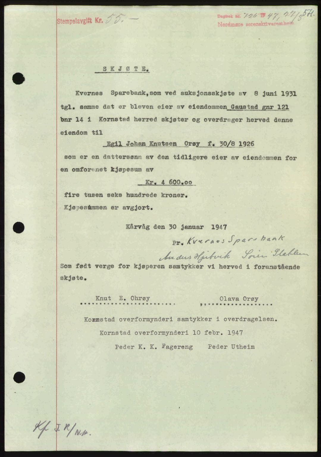 Nordmøre sorenskriveri, SAT/A-4132/1/2/2Ca: Pantebok nr. A104, 1947-1947, Dagboknr: 726/1947