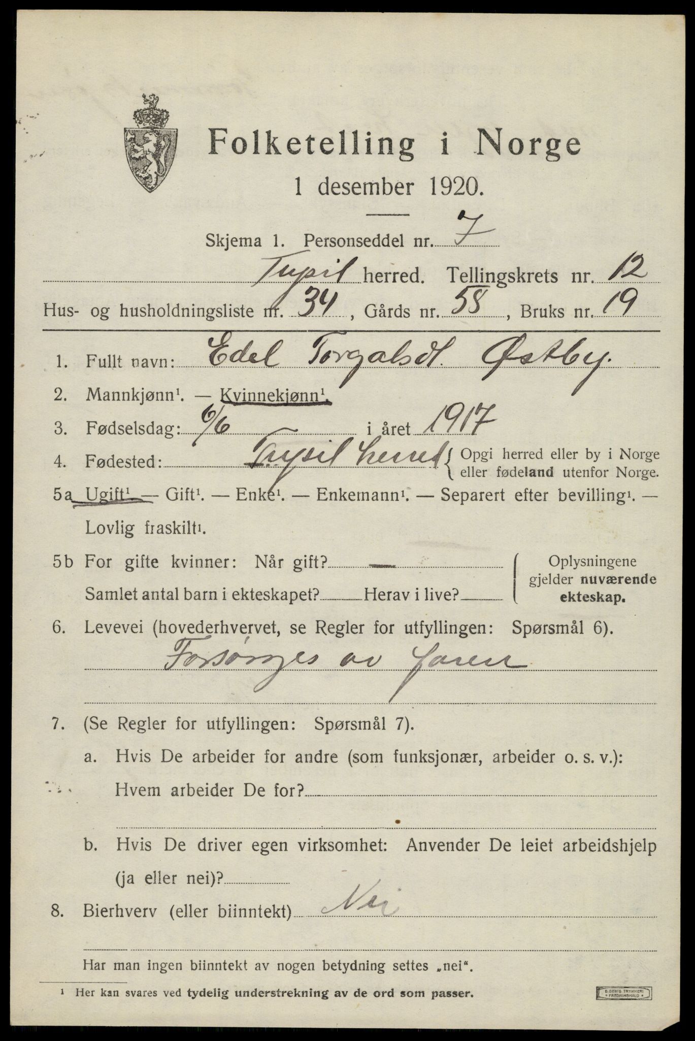 SAH, Folketelling 1920 for 0428 Trysil herred, 1920, s. 7579