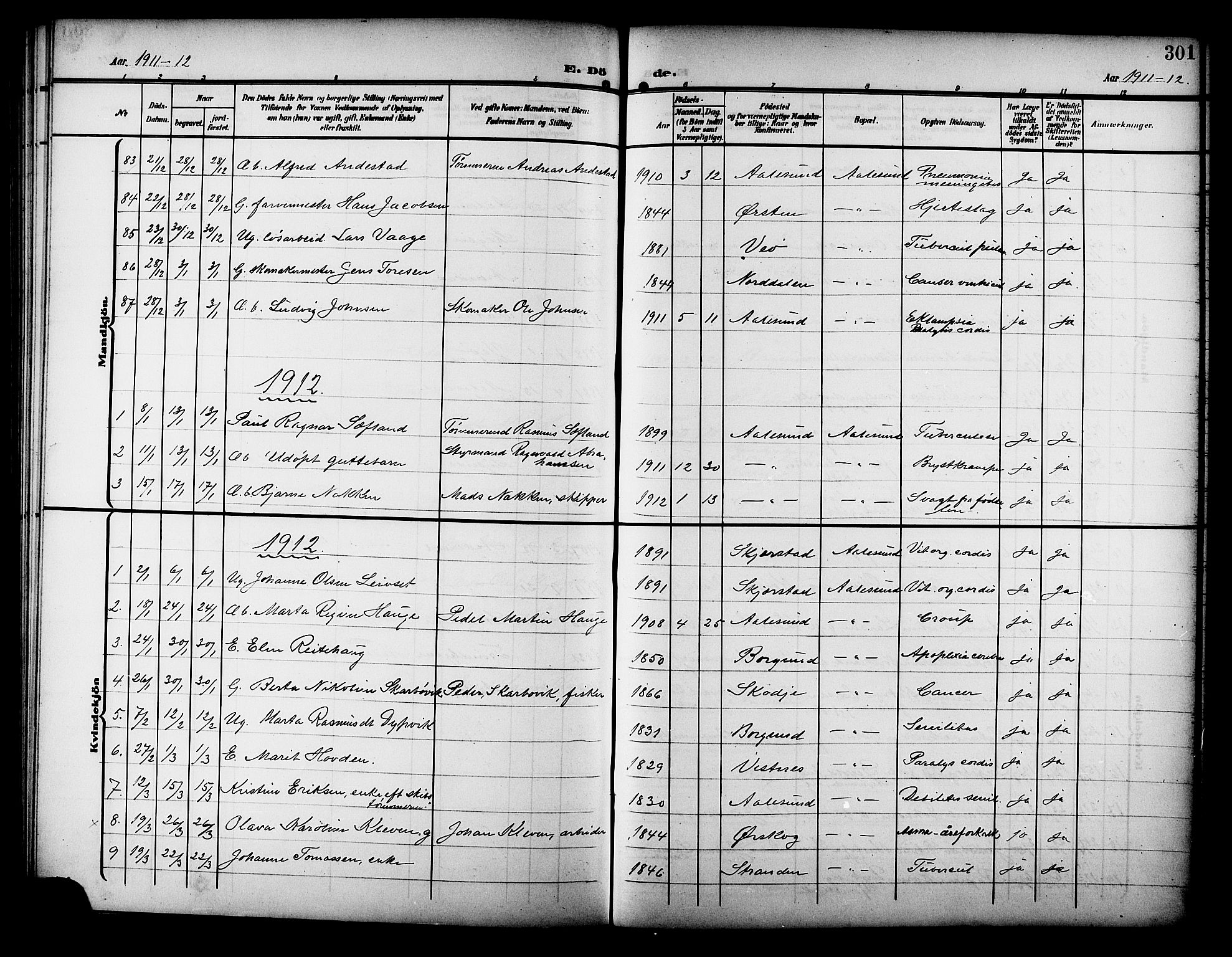 Ministerialprotokoller, klokkerbøker og fødselsregistre - Møre og Romsdal, SAT/A-1454/529/L0470: Klokkerbok nr. 529C07, 1907-1917, s. 301