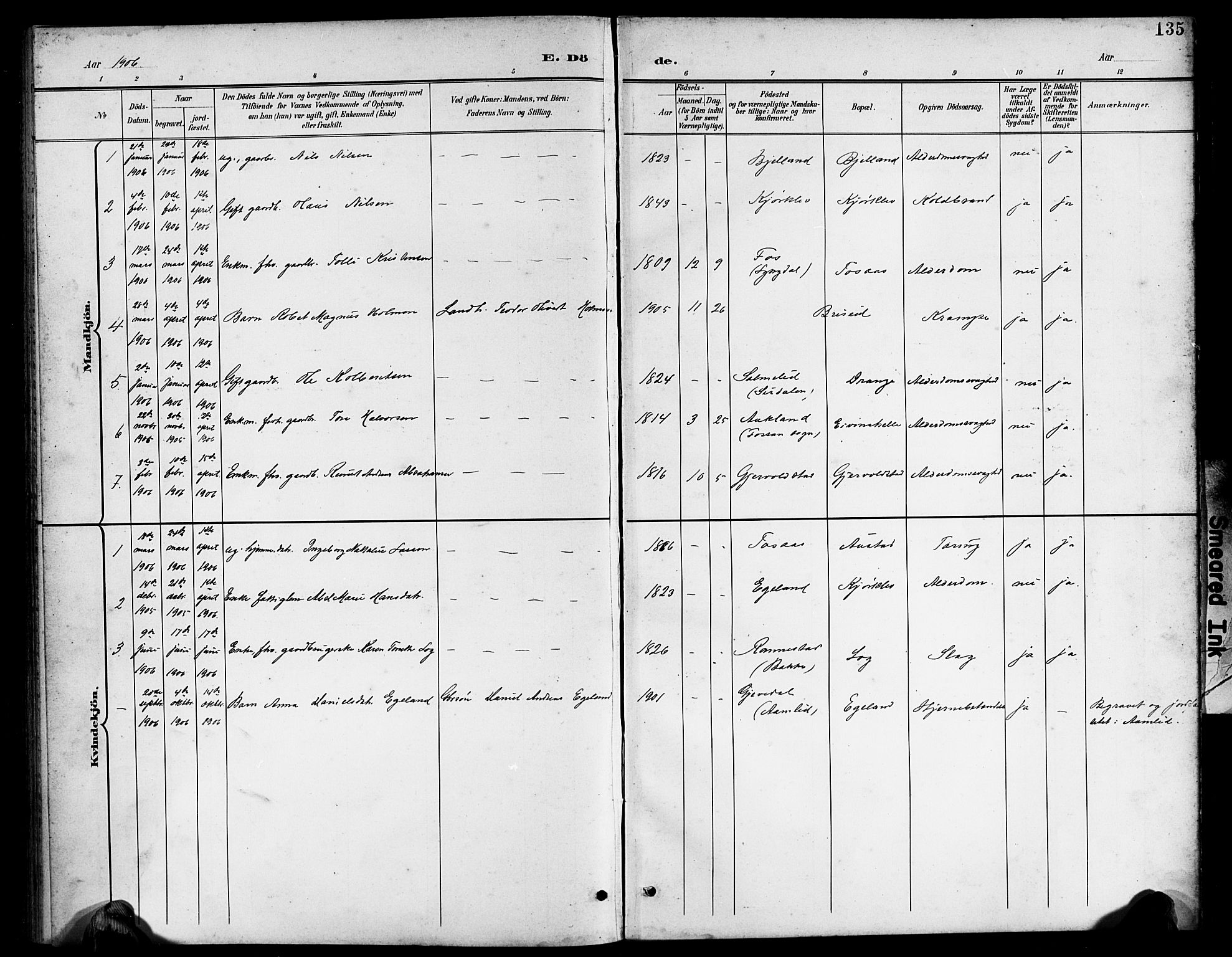 Herad sokneprestkontor, SAK/1111-0018/F/Fb/Fba/L0005: Klokkerbok nr. B 5, 1899-1921, s. 135