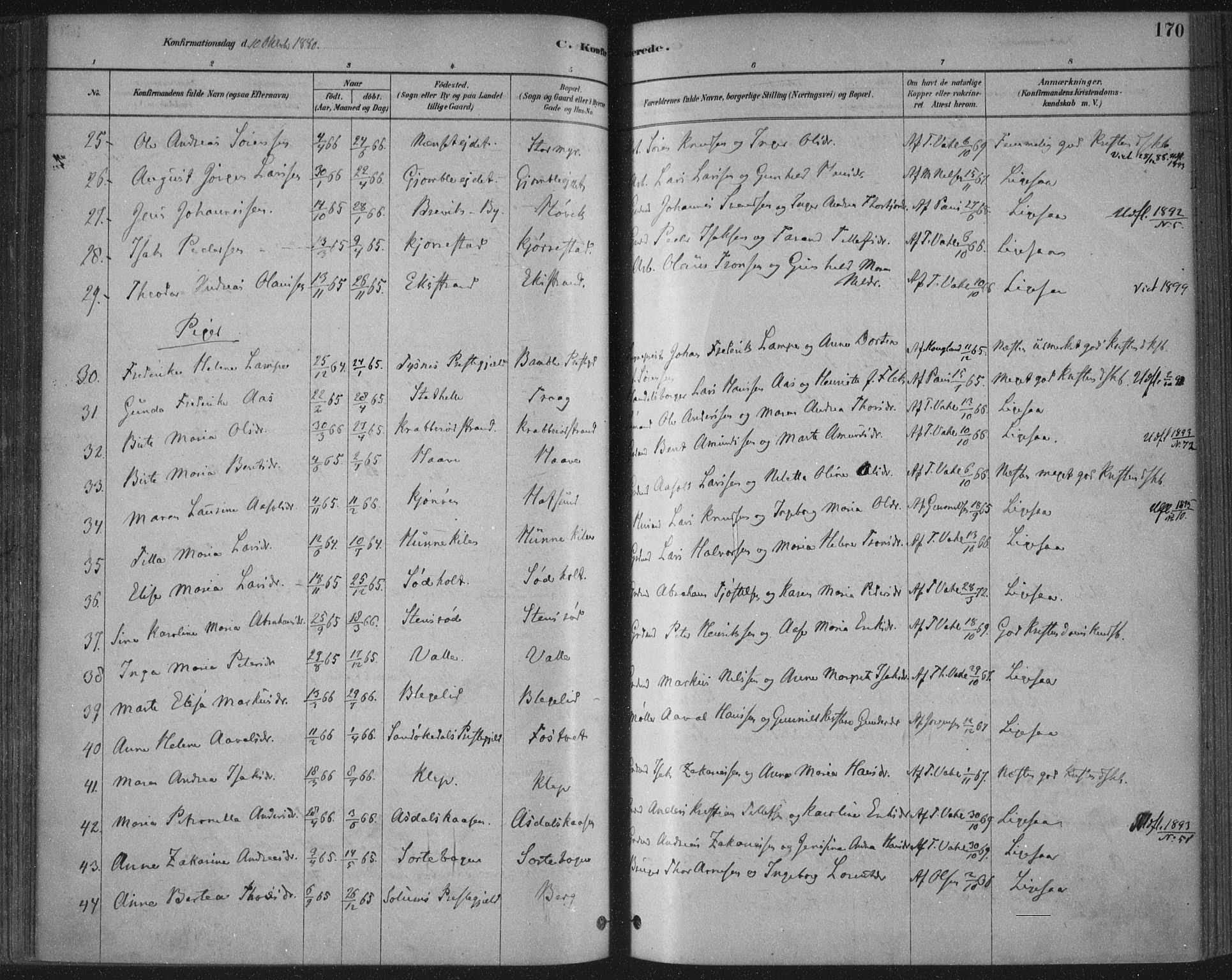 Bamble kirkebøker, AV/SAKO-A-253/F/Fa/L0007: Ministerialbok nr. I 7, 1878-1888, s. 170