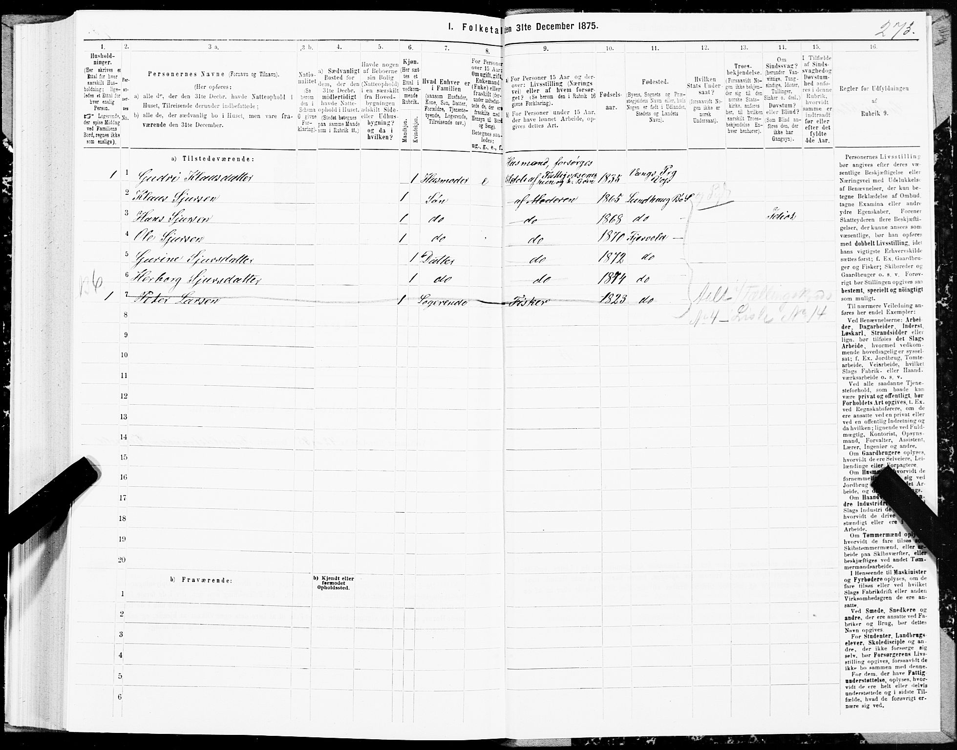 SAT, Folketelling 1875 for 1867P Bø prestegjeld, 1875, s. 1273