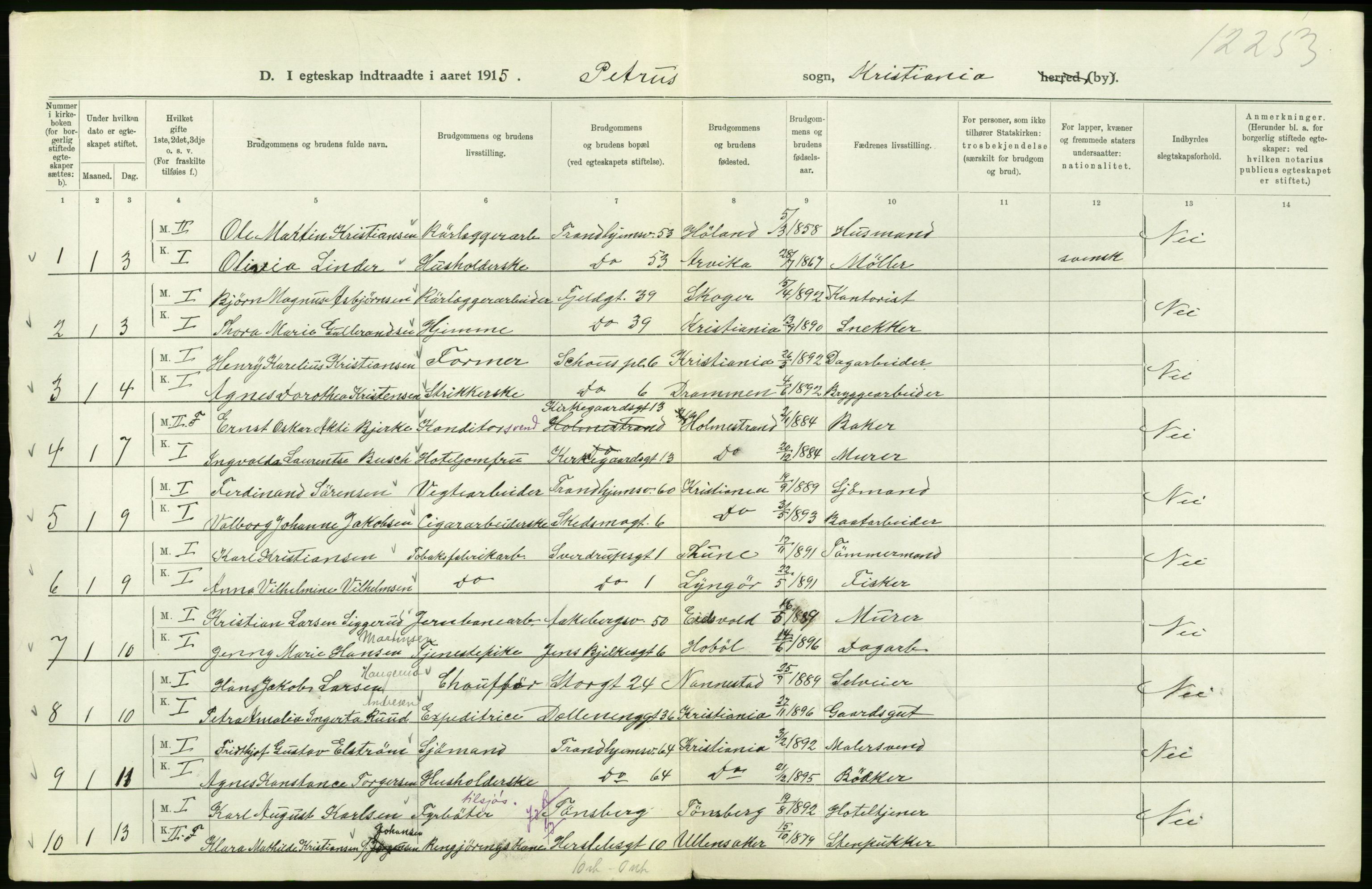 Statistisk sentralbyrå, Sosiodemografiske emner, Befolkning, RA/S-2228/D/Df/Dfb/Dfbe/L0008: Kristiania: Gifte., 1915, s. 502