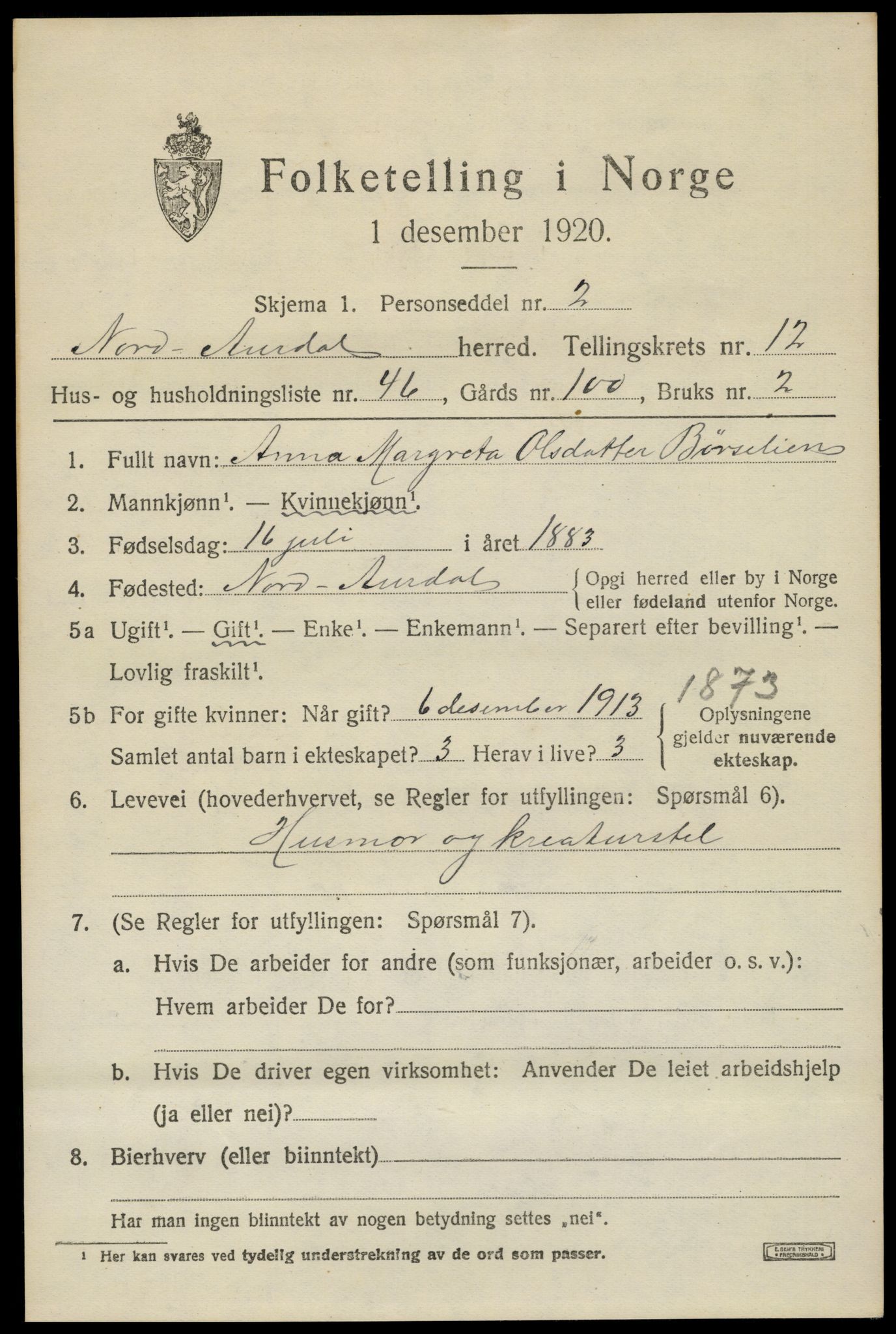 SAH, Folketelling 1920 for 0542 Nord-Aurdal herred, 1920, s. 10304