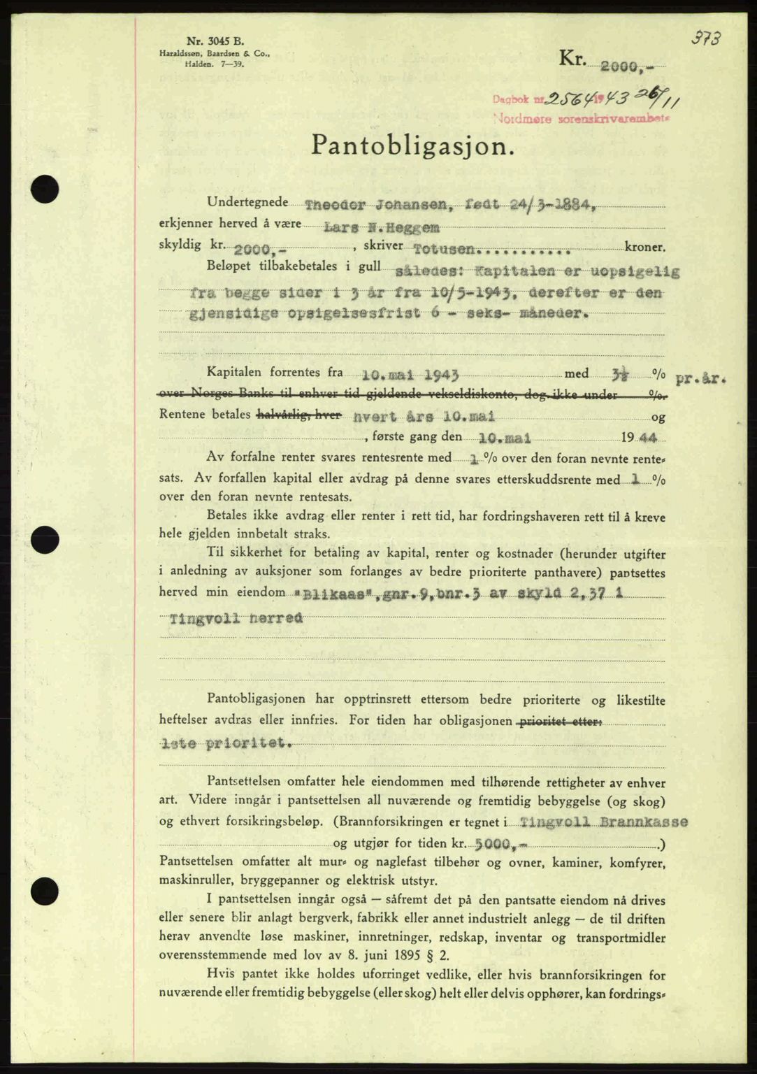 Nordmøre sorenskriveri, AV/SAT-A-4132/1/2/2Ca: Pantebok nr. B91, 1943-1944, Dagboknr: 2564/1943