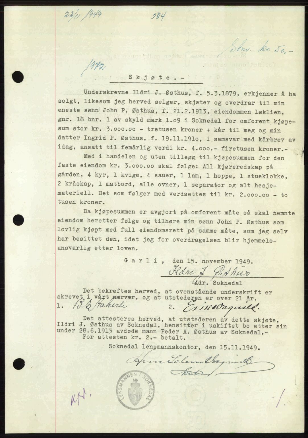 Gauldal sorenskriveri, SAT/A-0014/1/2/2C: Pantebok nr. A9, 1949-1950, Dagboknr: 1972/1949