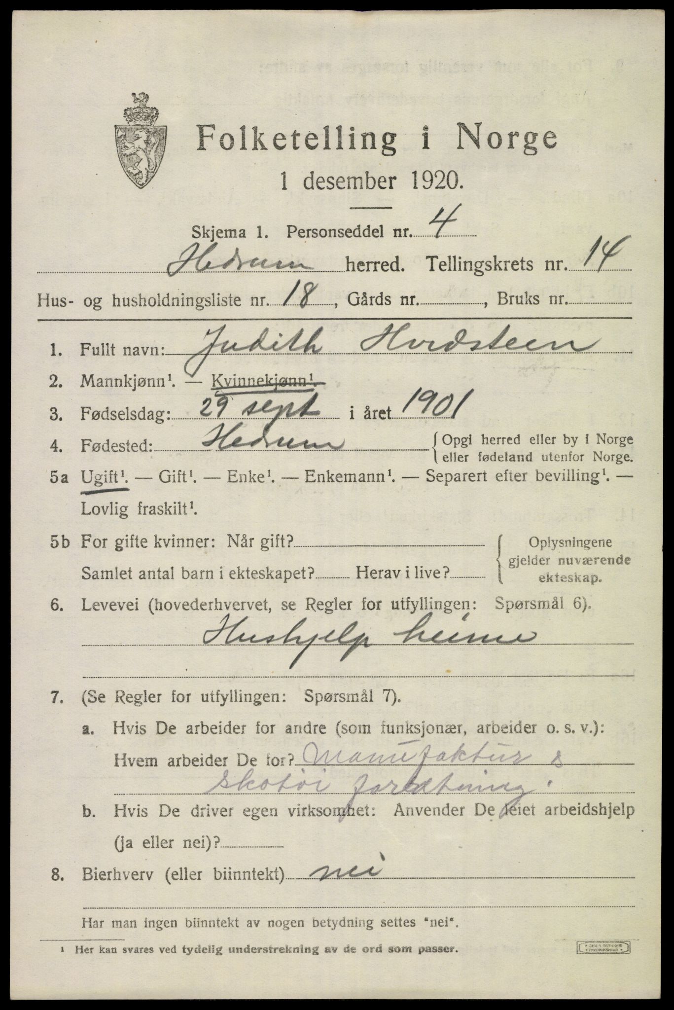 SAKO, Folketelling 1920 for 0727 Hedrum herred, 1920, s. 9285