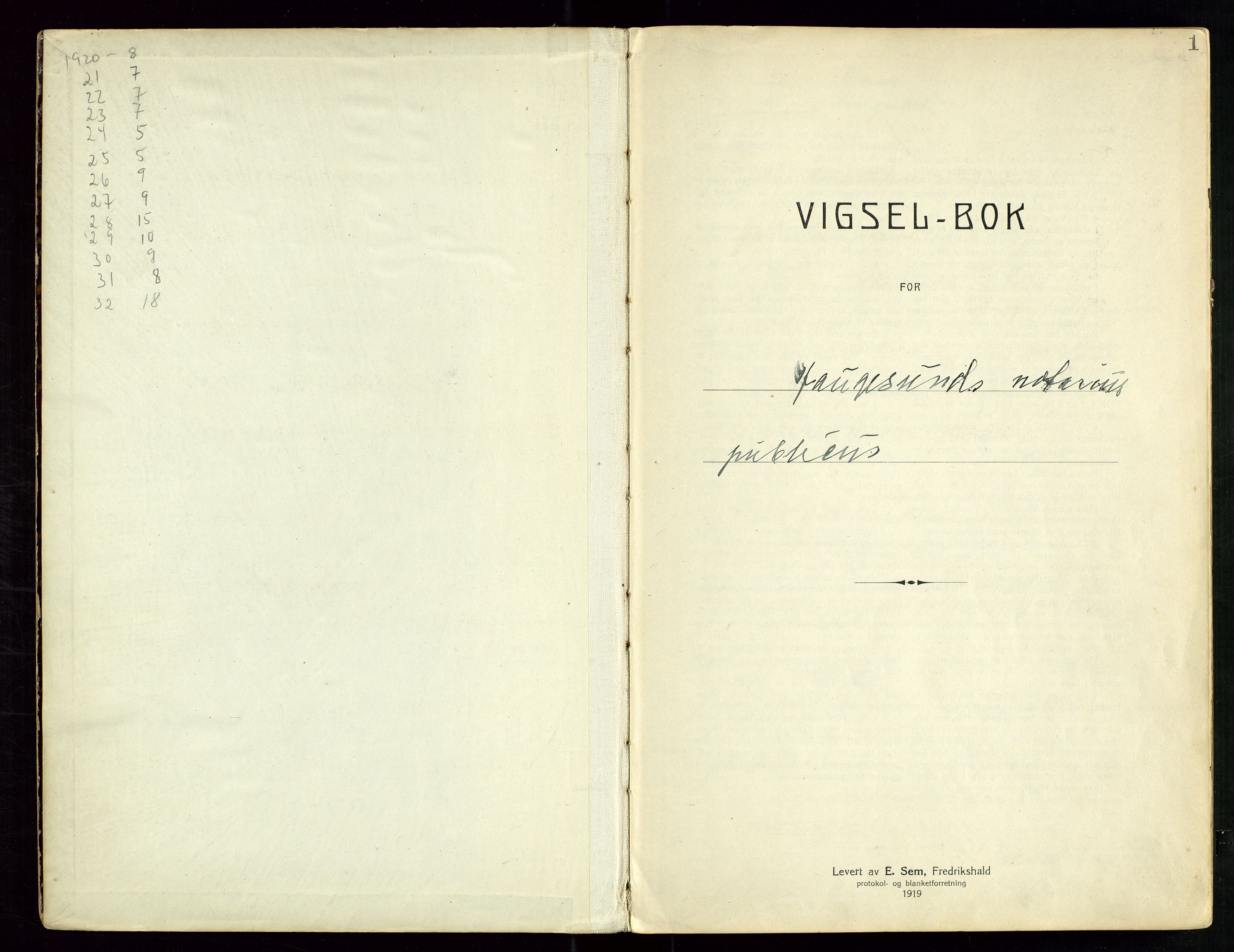 Haugesund tingrett, AV/SAST-A-101415/01/III/IIID/L0001: Vigselbok, 1920-1938, s. 1