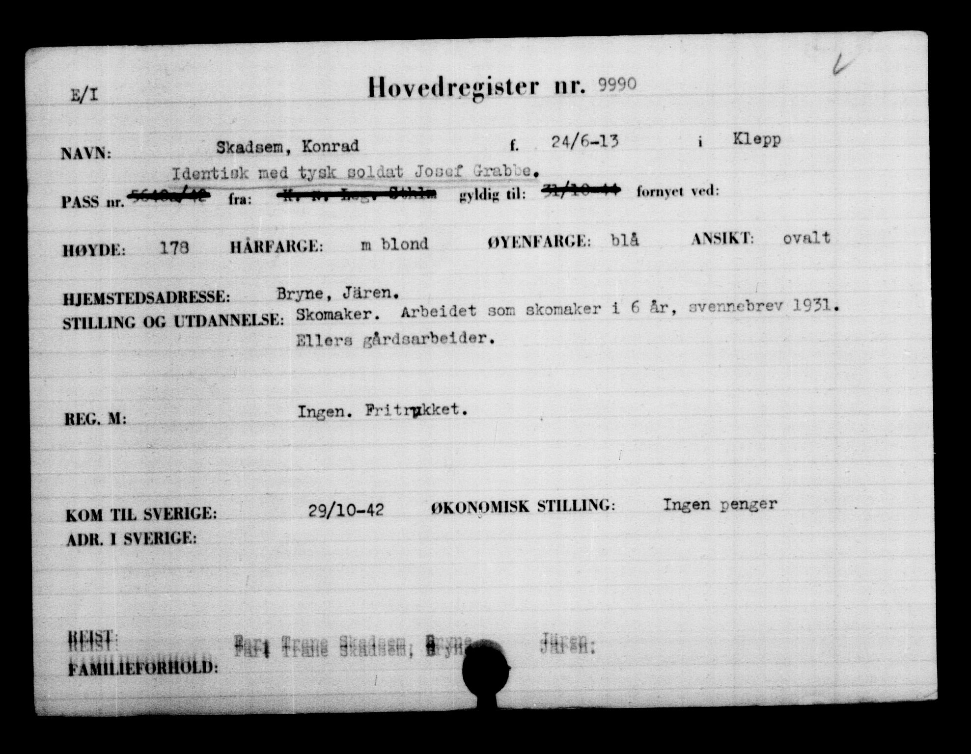 Utenriksstasjonene, Legasjonen i Stockholm, Flyktningkontoret, AV/RA-S-6753/V/Va/L0006: Kjesäterkartoteket, flyktninger med registreringsnr. 9400-12711, 1940-1945, s. 667