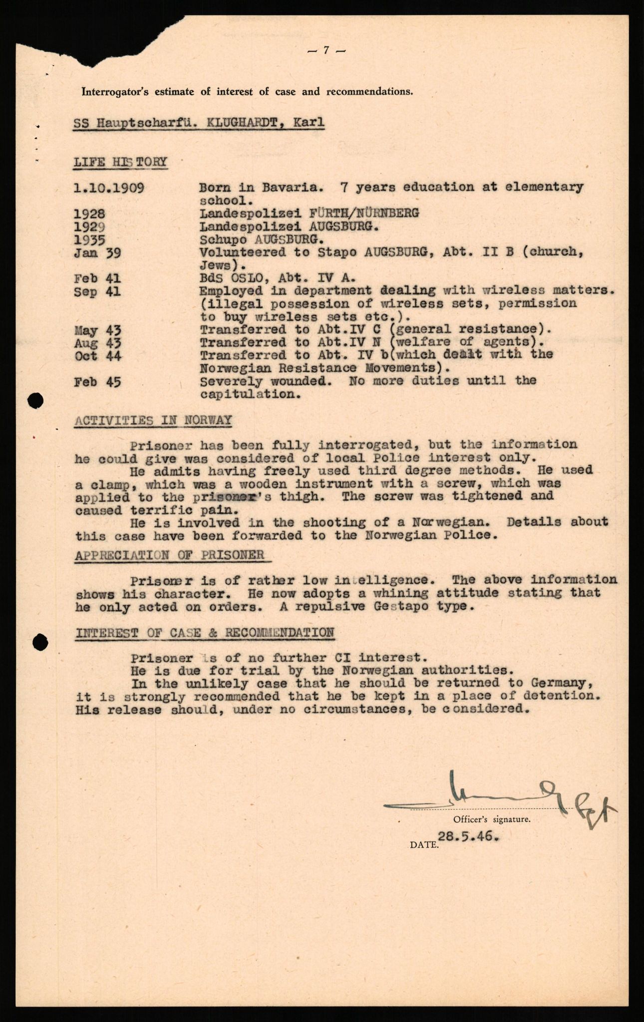 Forsvaret, Forsvarets overkommando II, AV/RA-RAFA-3915/D/Db/L0017: CI Questionaires. Tyske okkupasjonsstyrker i Norge. Tyskere., 1945-1946, s. 70
