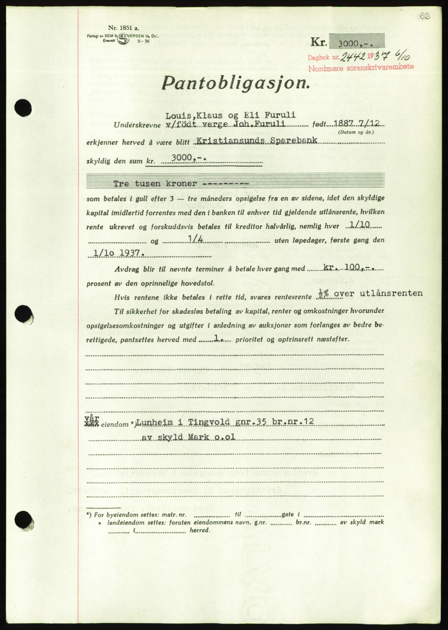 Nordmøre sorenskriveri, AV/SAT-A-4132/1/2/2Ca/L0092: Pantebok nr. B82, 1937-1938, Dagboknr: 2442/1937