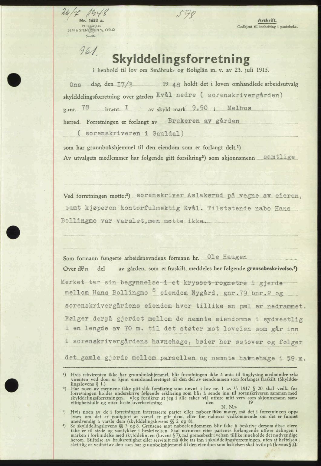 Gauldal sorenskriveri, SAT/A-0014/1/2/2C: Pantebok nr. A6, 1948-1948, Dagboknr: 961/1948