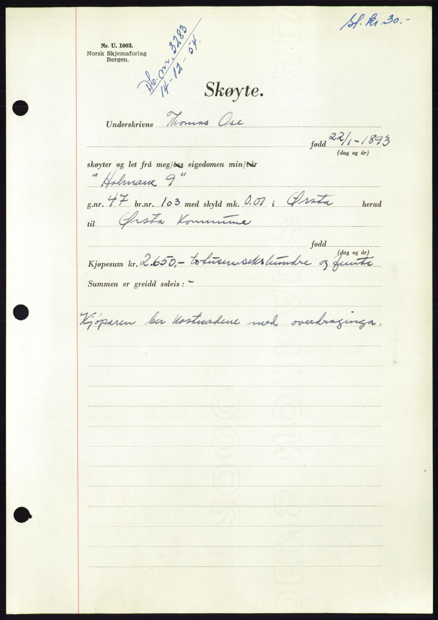Søre Sunnmøre sorenskriveri, AV/SAT-A-4122/1/2/2C/L0099: Pantebok nr. 25A, 1954-1954, Dagboknr: 3283/1954