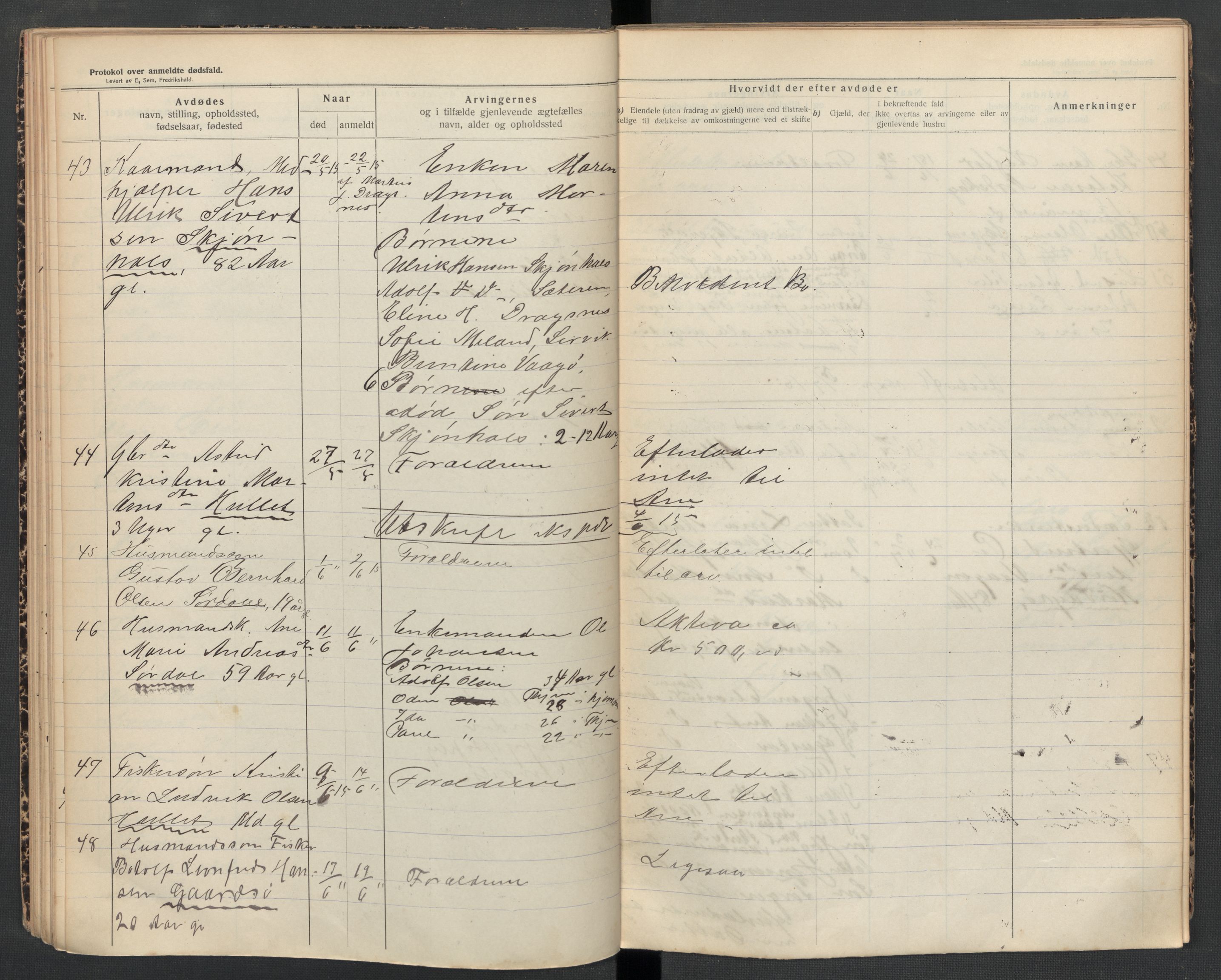 Frøya lensmannskontor, AV/SAT-A-1050/2/Ga/L0002: Dødsfallsprotokoll  (løse ark / vedlegg, se Yb 2), 1913-1918
