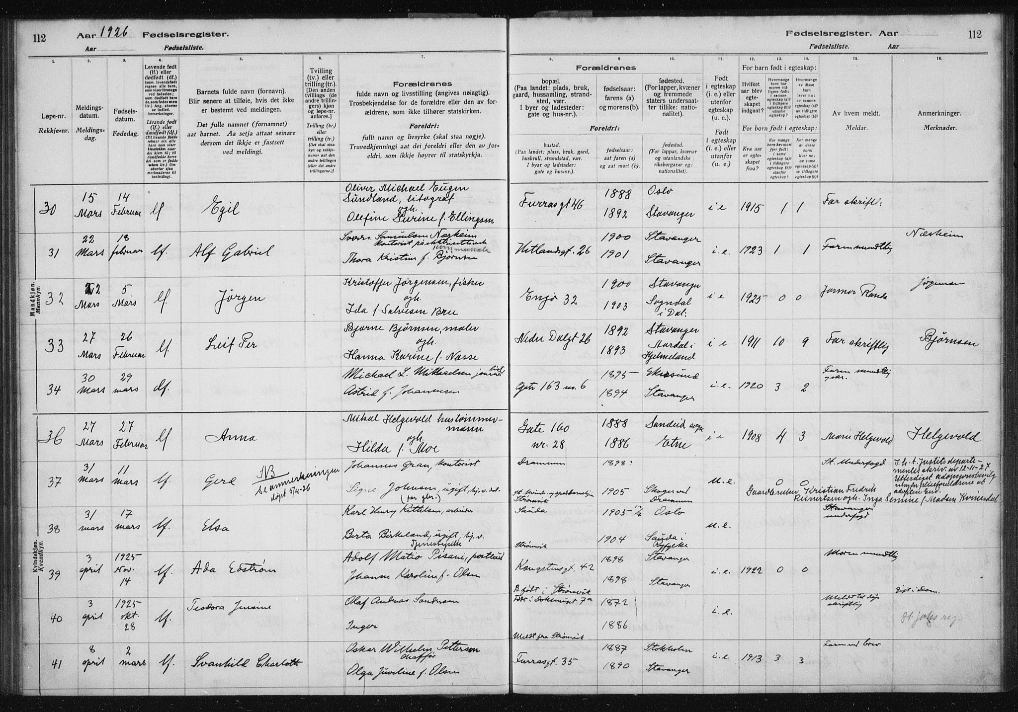 St. Petri sokneprestkontor, AV/SAST-A-101813/002/A/L0002: Fødselsregister nr. 2, 1922-1929, s. 112