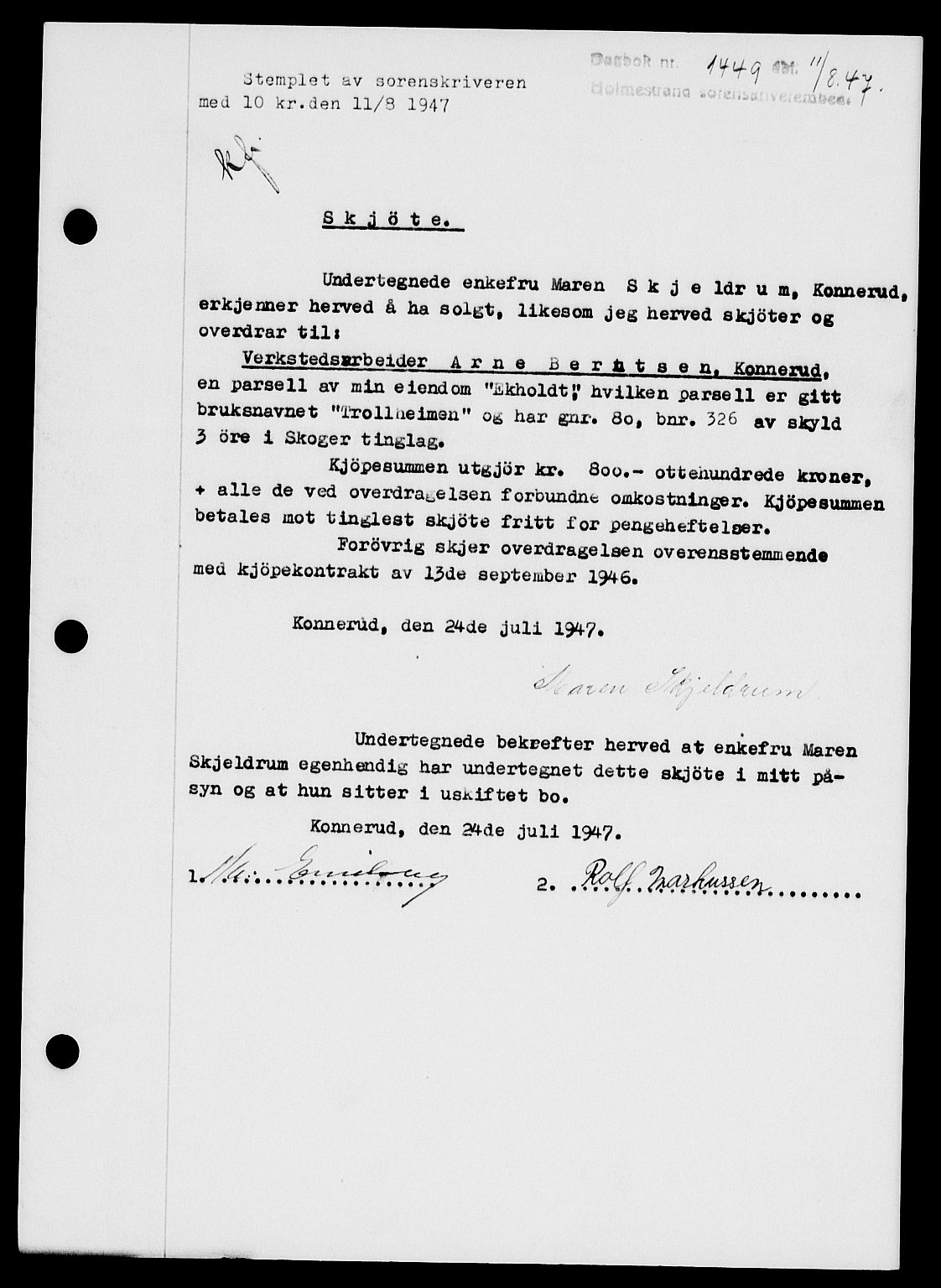 Holmestrand sorenskriveri, SAKO/A-67/G/Ga/Gaa/L0062: Pantebok nr. A-62, 1947-1947, Dagboknr: 1449/1947