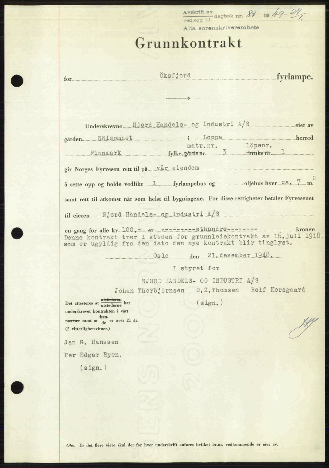 Alta fogderi/sorenskriveri, SATØ/SATØ-5/1/K/Kd/L0037pantebok: Pantebok nr. 39-40, 1948-1949, Dagboknr: 81/1949