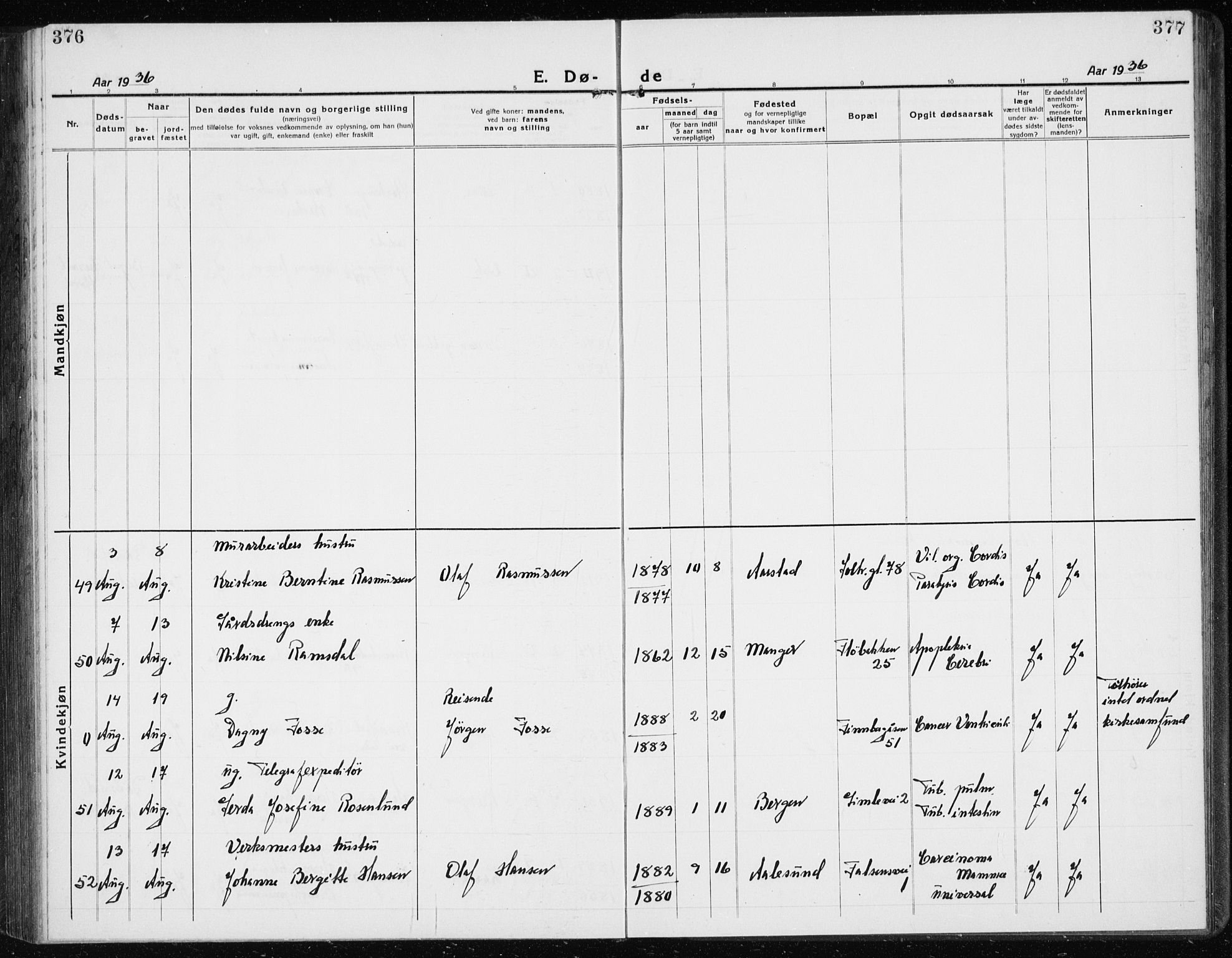 Årstad Sokneprestembete, AV/SAB-A-79301/H/Hab/L0025: Klokkerbok nr. D 2, 1922-1940, s. 376-377