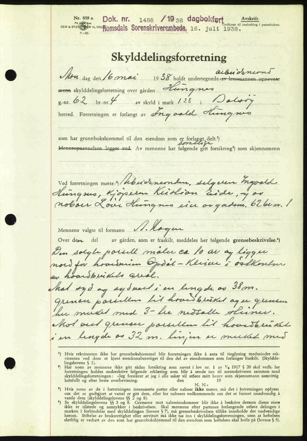 Romsdal sorenskriveri, SAT/A-4149/1/2/2C: Pantebok nr. A5, 1938-1938, Dagboknr: 1488/1938