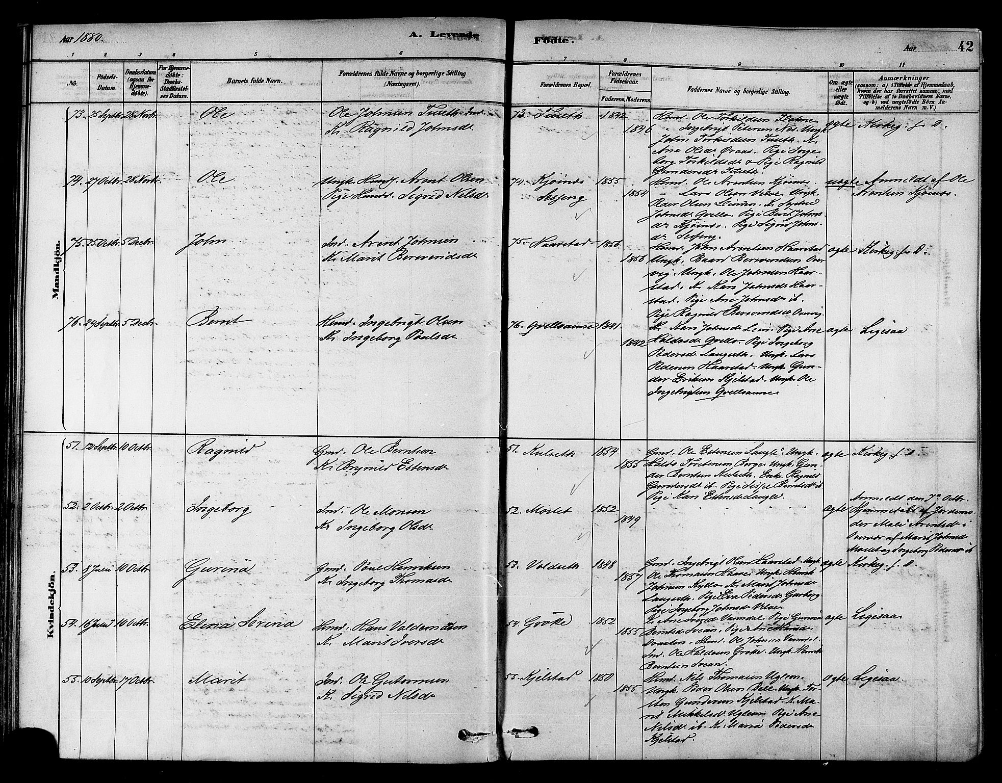 Ministerialprotokoller, klokkerbøker og fødselsregistre - Sør-Trøndelag, AV/SAT-A-1456/695/L1148: Ministerialbok nr. 695A08, 1878-1891, s. 42