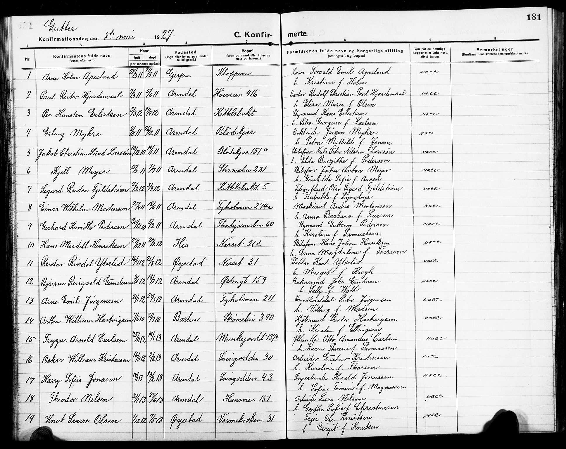 Arendal sokneprestkontor, Trefoldighet, AV/SAK-1111-0040/F/Fb/L0007: Klokkerbok nr. B 7, 1916-1927, s. 181