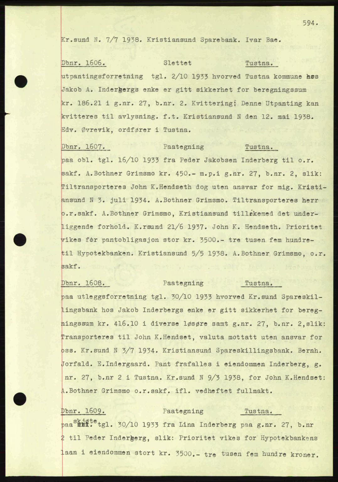 Nordmøre sorenskriveri, SAT/A-4132/1/2/2Ca: Pantebok nr. C80, 1936-1939, Dagboknr: 1606/1938