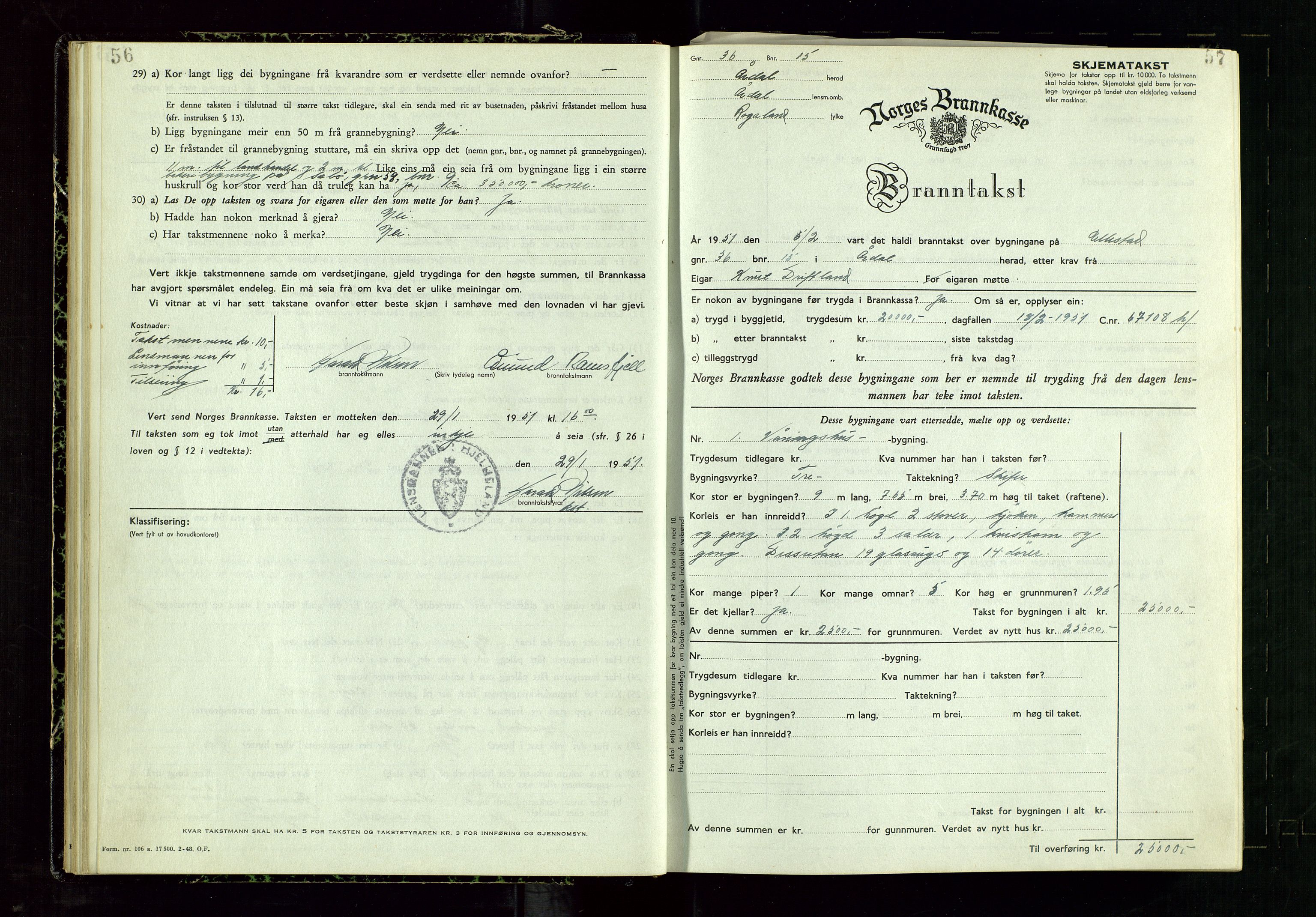 Årdal lensmannskontor, AV/SAST-A-100453/Gob/L0002: "Brandtaxationsprotokol", 1950-1955, s. 56-57