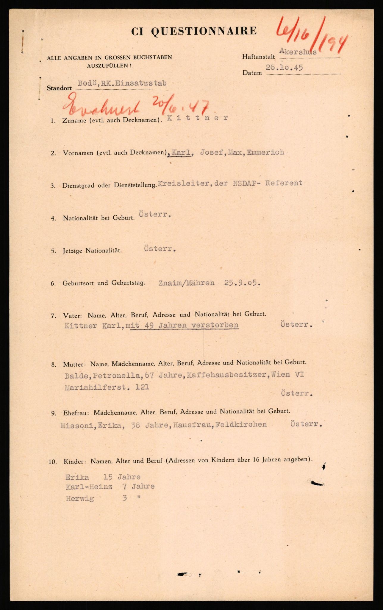 Forsvaret, Forsvarets overkommando II, AV/RA-RAFA-3915/D/Db/L0039: CI Questionaires. Tyske okkupasjonsstyrker i Norge. Østerrikere., 1945-1946, s. 184