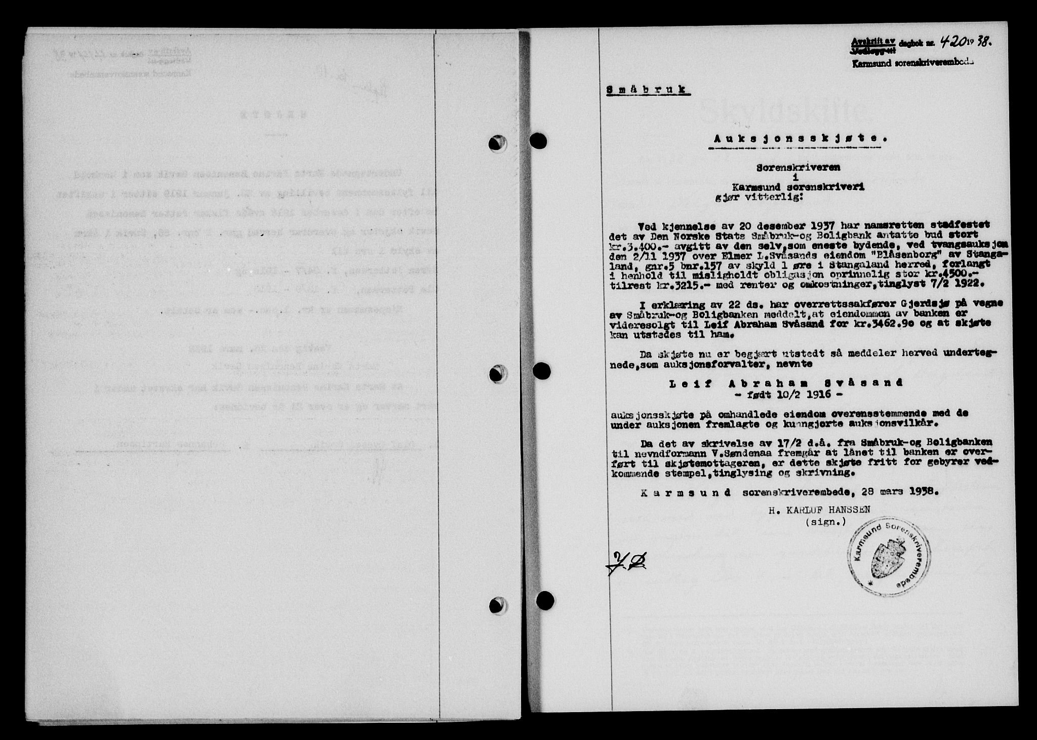 Karmsund sorenskriveri, SAST/A-100311/01/II/IIB/L0069: Pantebok nr. 50A, 1937-1938, Dagboknr: 420/1938