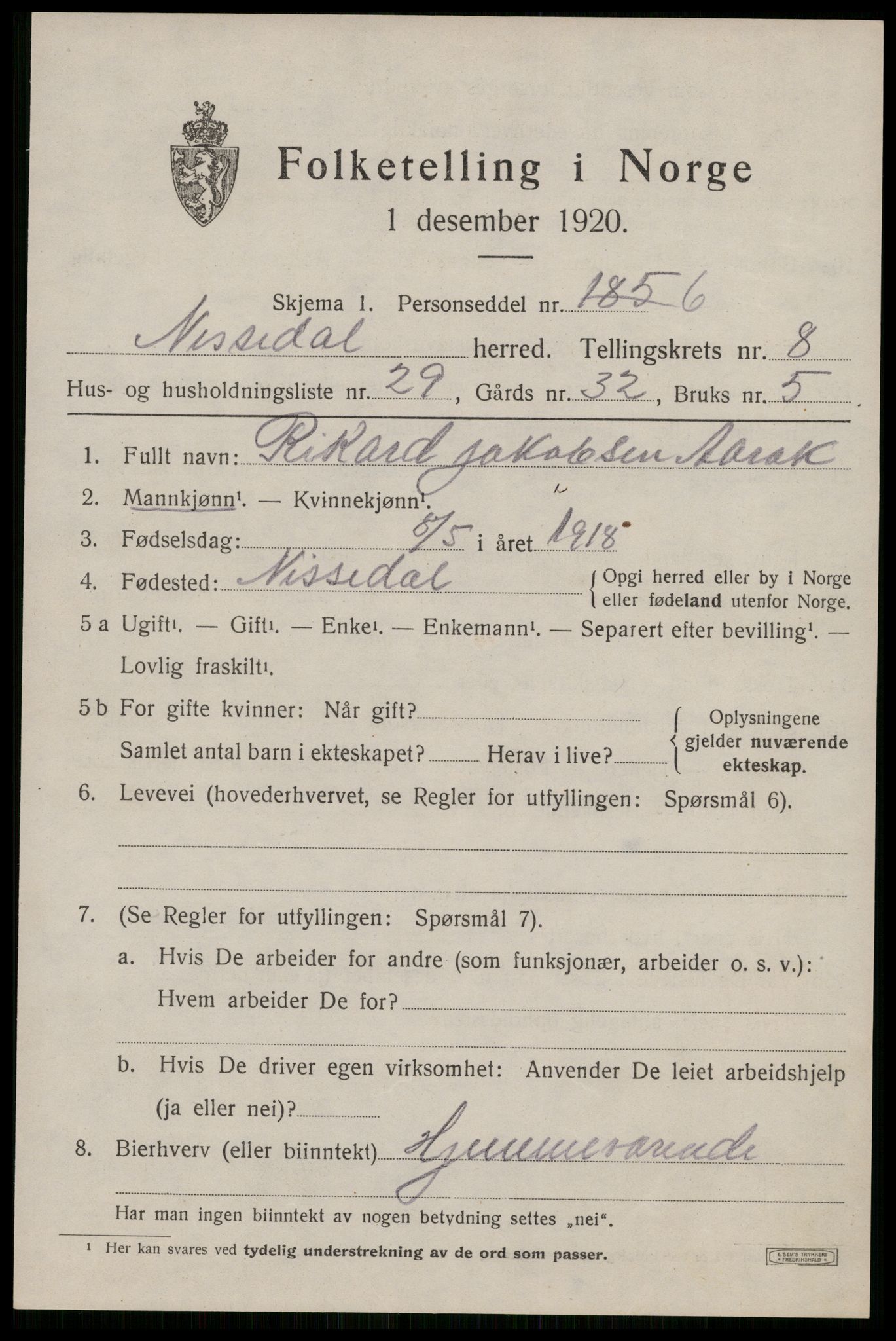 SAKO, Folketelling 1920 for 0830 Nissedal herred, 1920, s. 3407
