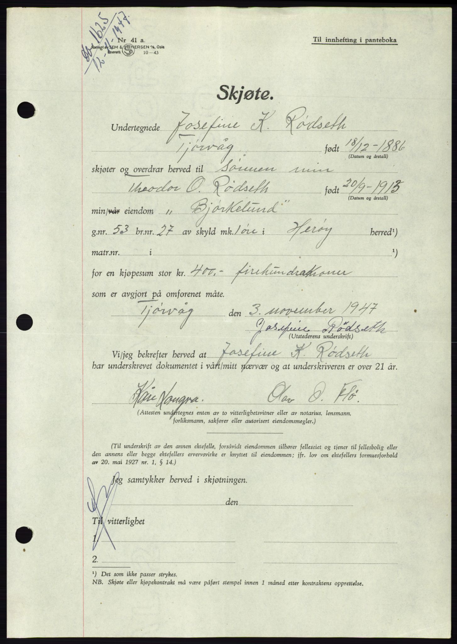 Søre Sunnmøre sorenskriveri, AV/SAT-A-4122/1/2/2C/L0081: Pantebok nr. 7A, 1947-1948, Dagboknr: 1625/1947