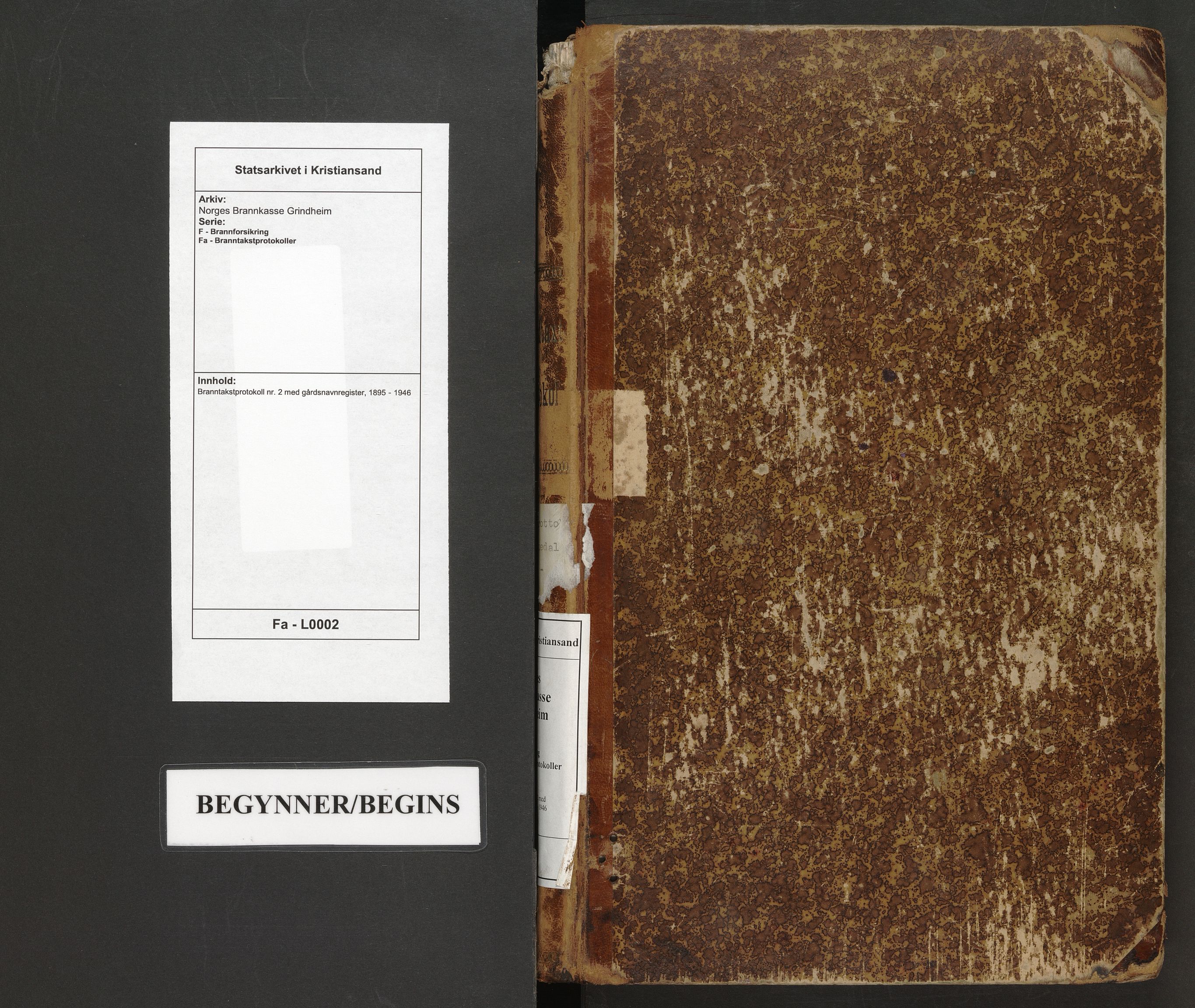 Norges Brannkasse Grindheim, SAK/2241-0019/F/Fa/L0002: Branntakstprotokoll nr. 2 med gårdsnavnregister, 1895-1946