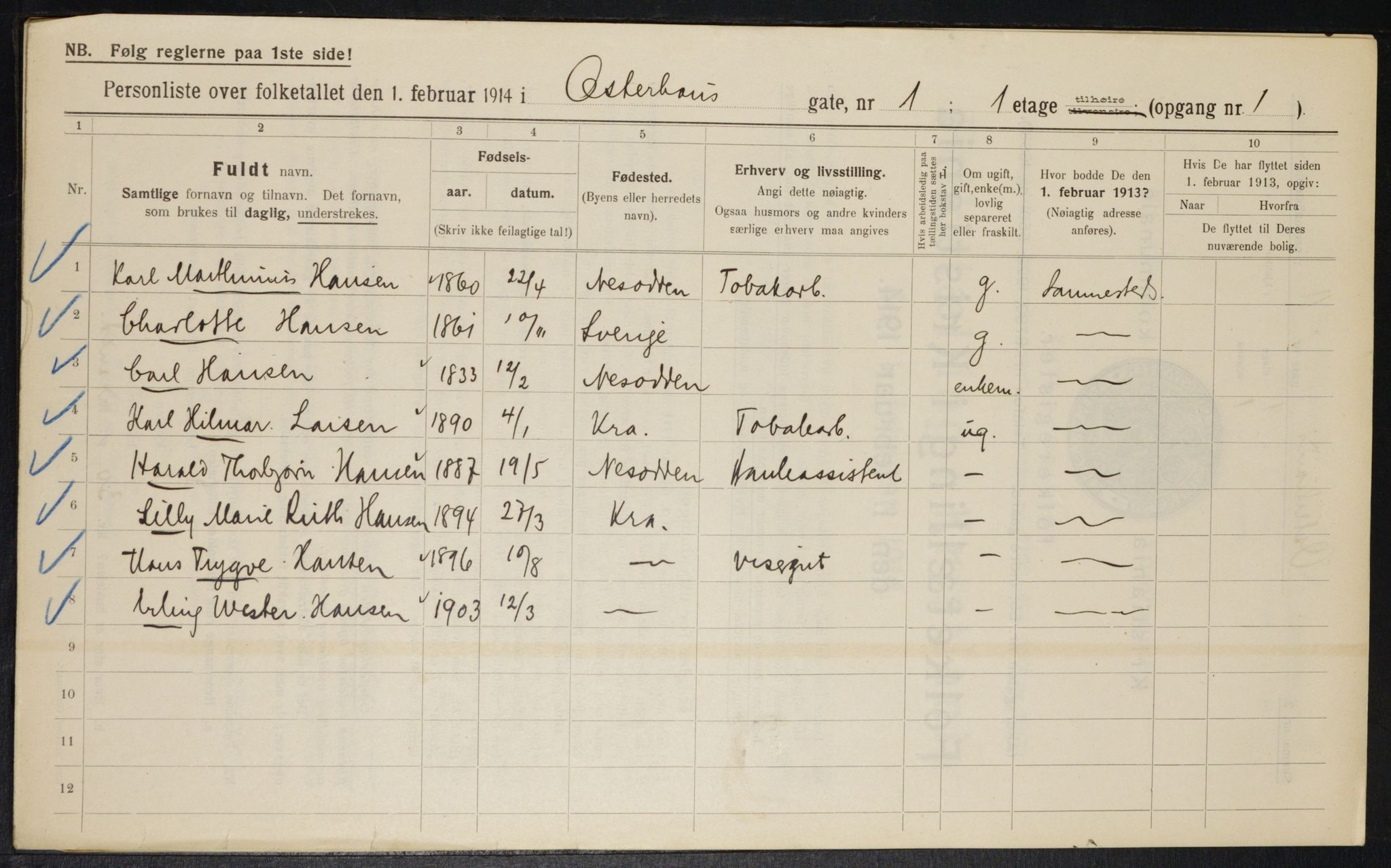 OBA, Kommunal folketelling 1.2.1914 for Kristiania, 1914, s. 77466