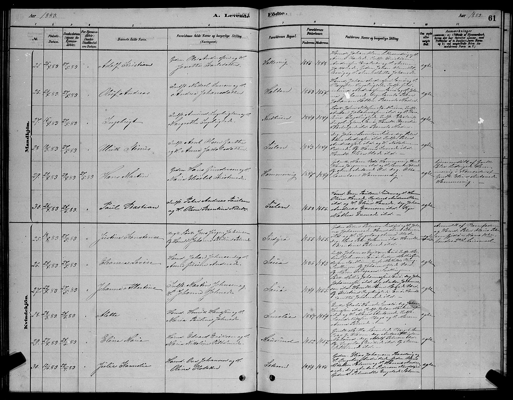 Ministerialprotokoller, klokkerbøker og fødselsregistre - Sør-Trøndelag, AV/SAT-A-1456/640/L0585: Klokkerbok nr. 640C03, 1878-1891, s. 61