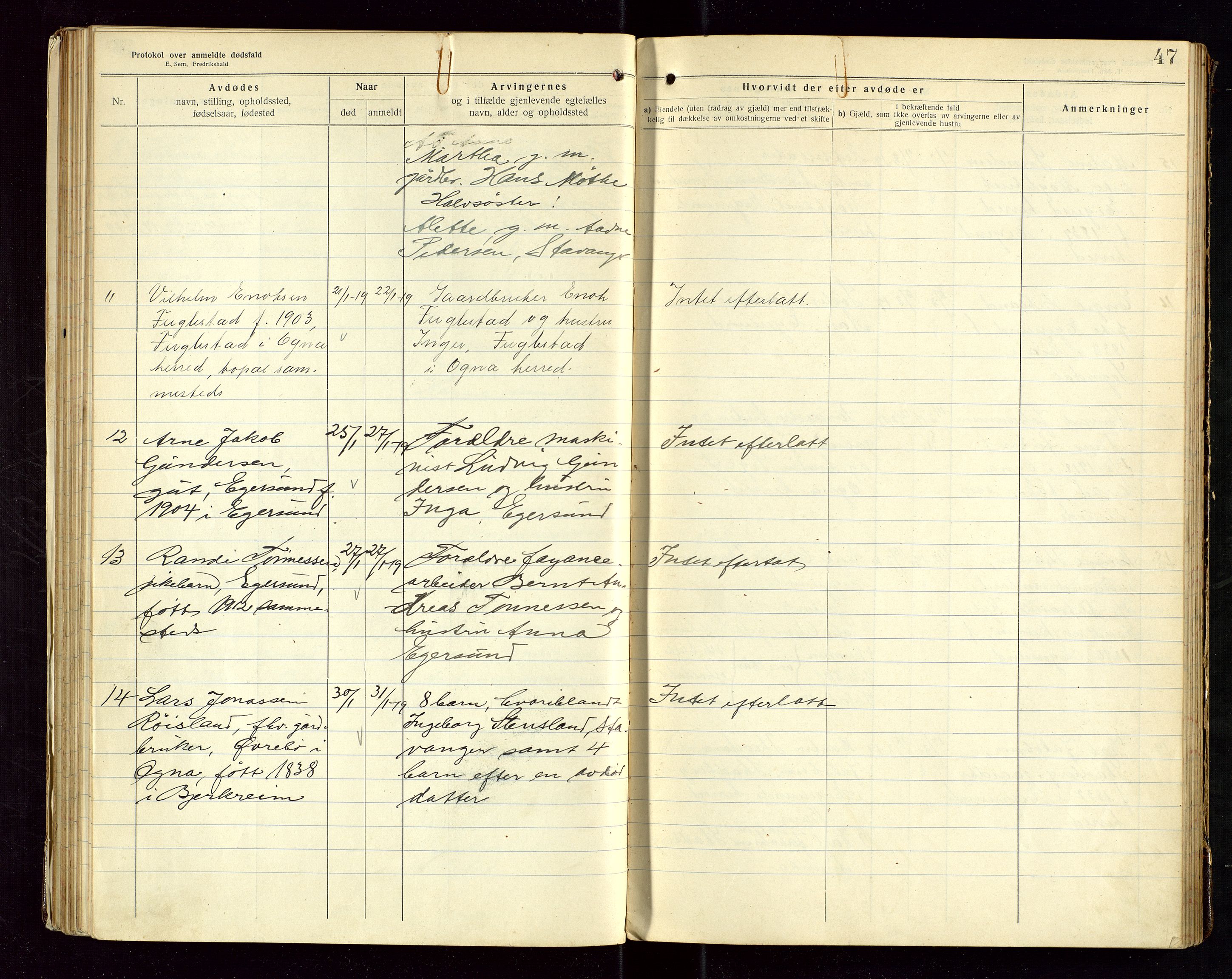 Eigersund lensmannskontor, AV/SAST-A-100171/Gga/L0007: "Protokol over anmeldte dødsfald" m/alfabetisk navneregister, 1917-1920, s. 47