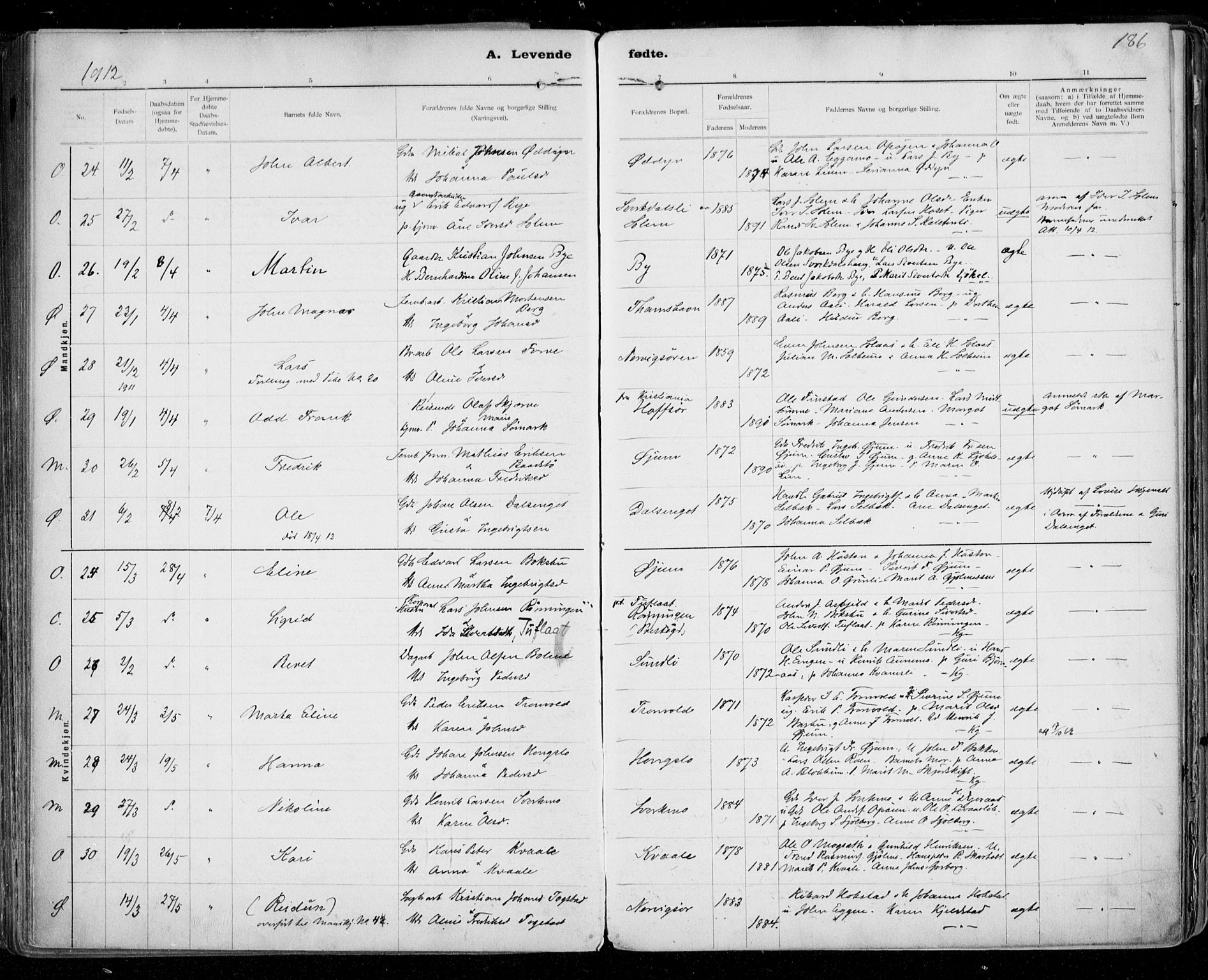 Ministerialprotokoller, klokkerbøker og fødselsregistre - Sør-Trøndelag, SAT/A-1456/668/L0811: Ministerialbok nr. 668A11, 1894-1913, s. 186