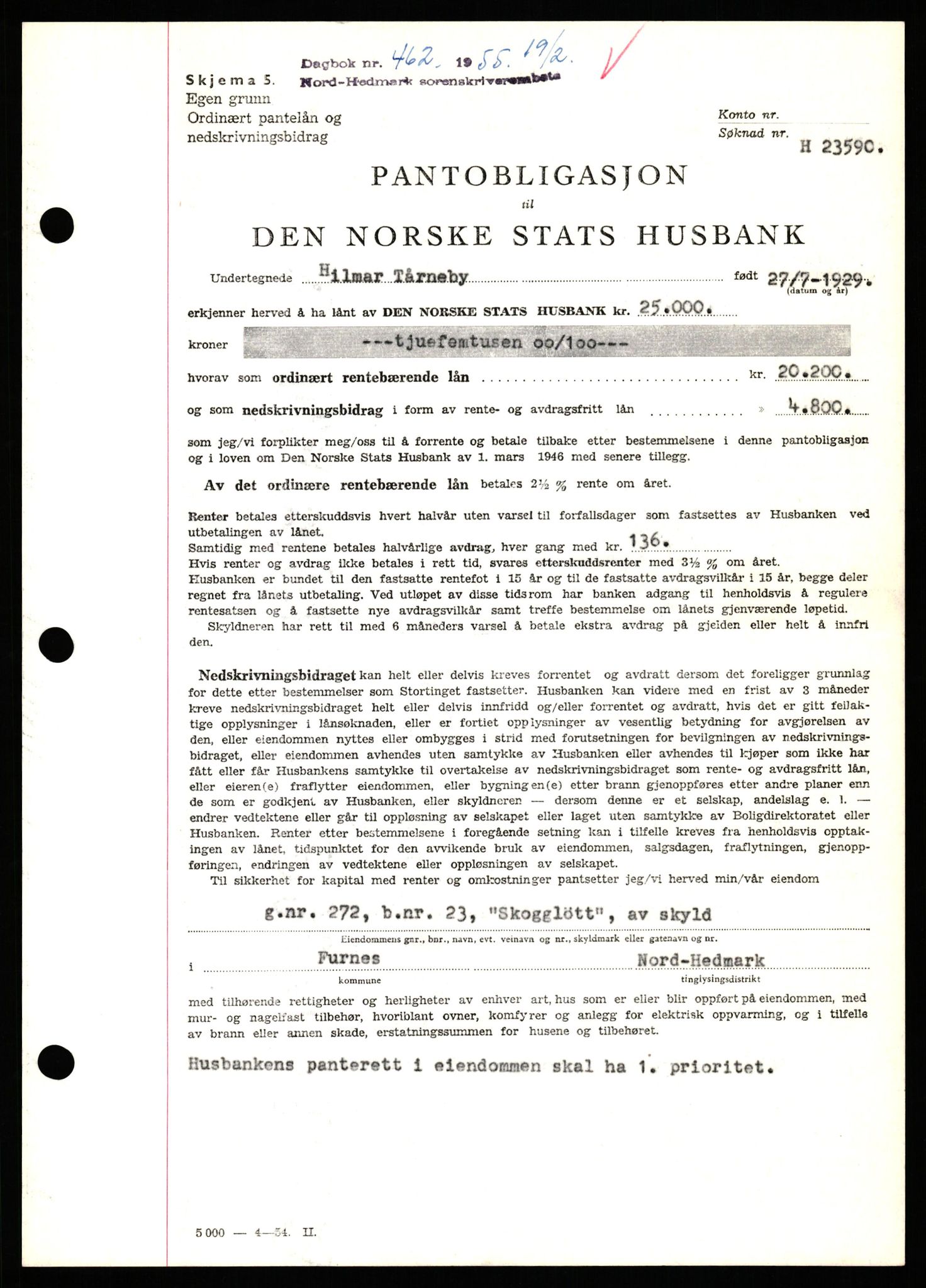 Nord-Hedmark sorenskriveri, SAH/TING-012/H/Hb/Hbf/L0032: Pantebok nr. B32, 1955-1955, Dagboknr: 462/1952