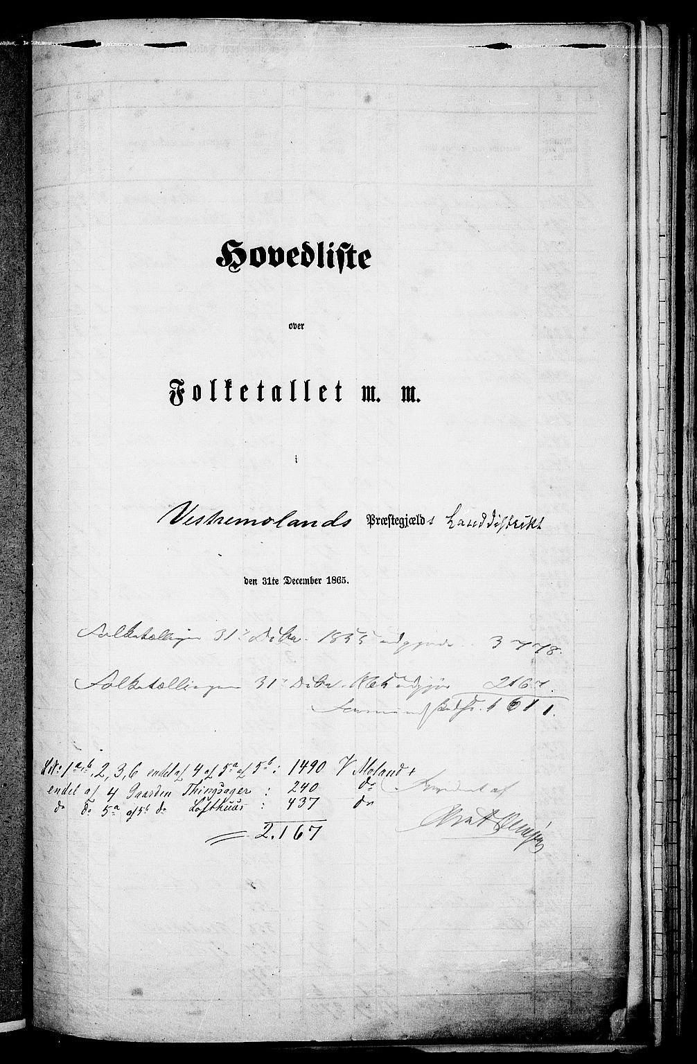 RA, Folketelling 1865 for 0926L Vestre Moland prestegjeld, Vestre Moland sokn, 1865, s. 1