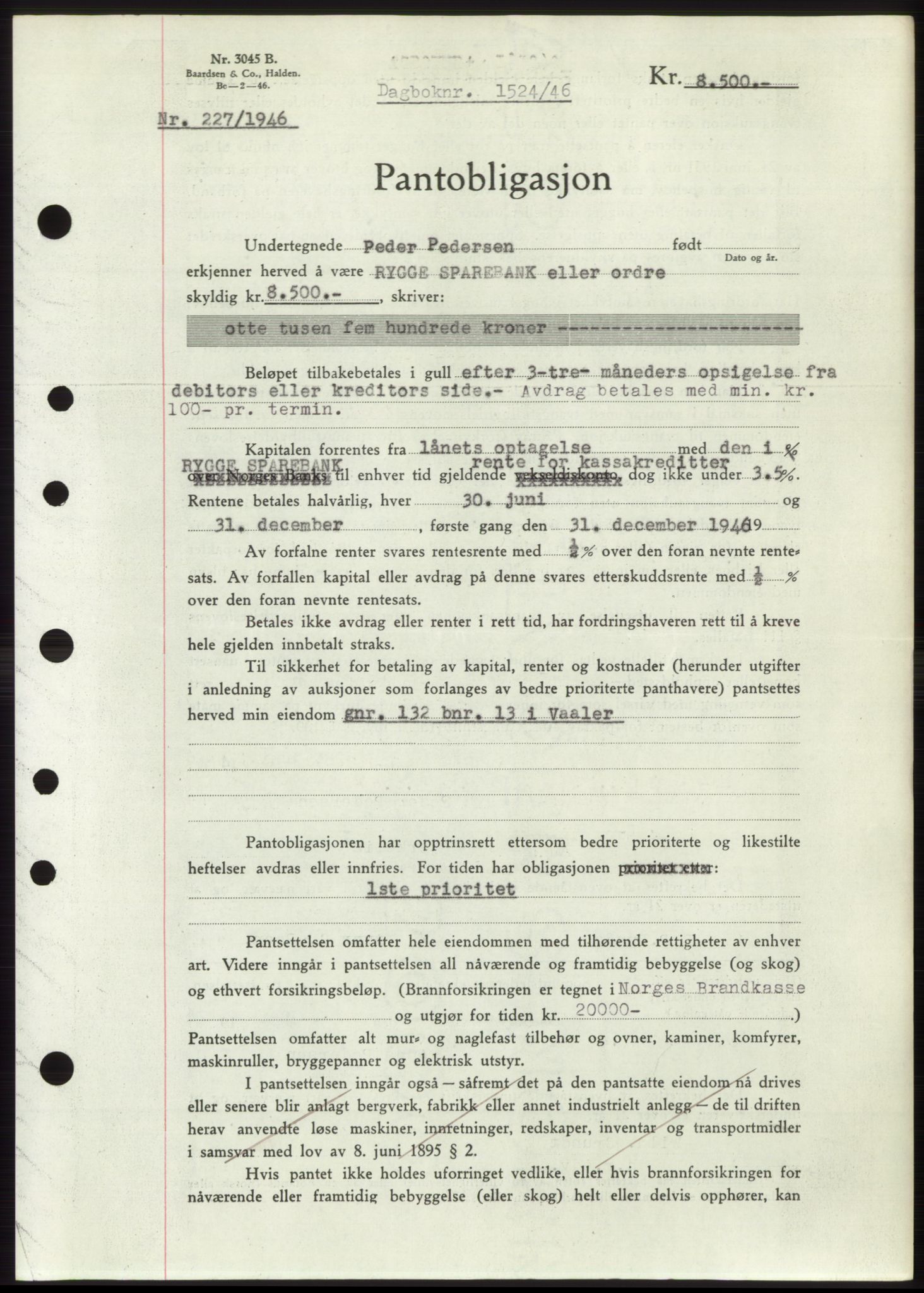 Moss sorenskriveri, SAO/A-10168: Pantebok nr. B15, 1946-1946, Dagboknr: 1524/1946
