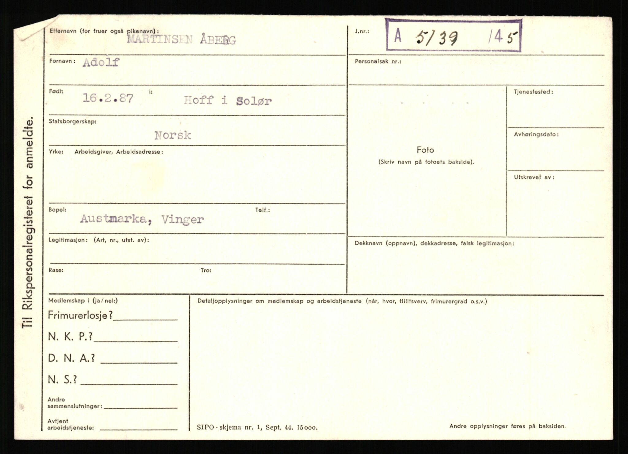 Statspolitiet - Hovedkontoret / Osloavdelingen, AV/RA-S-1329/C/Ca/L0001: Aabakken - Armann, 1943-1945, s. 20