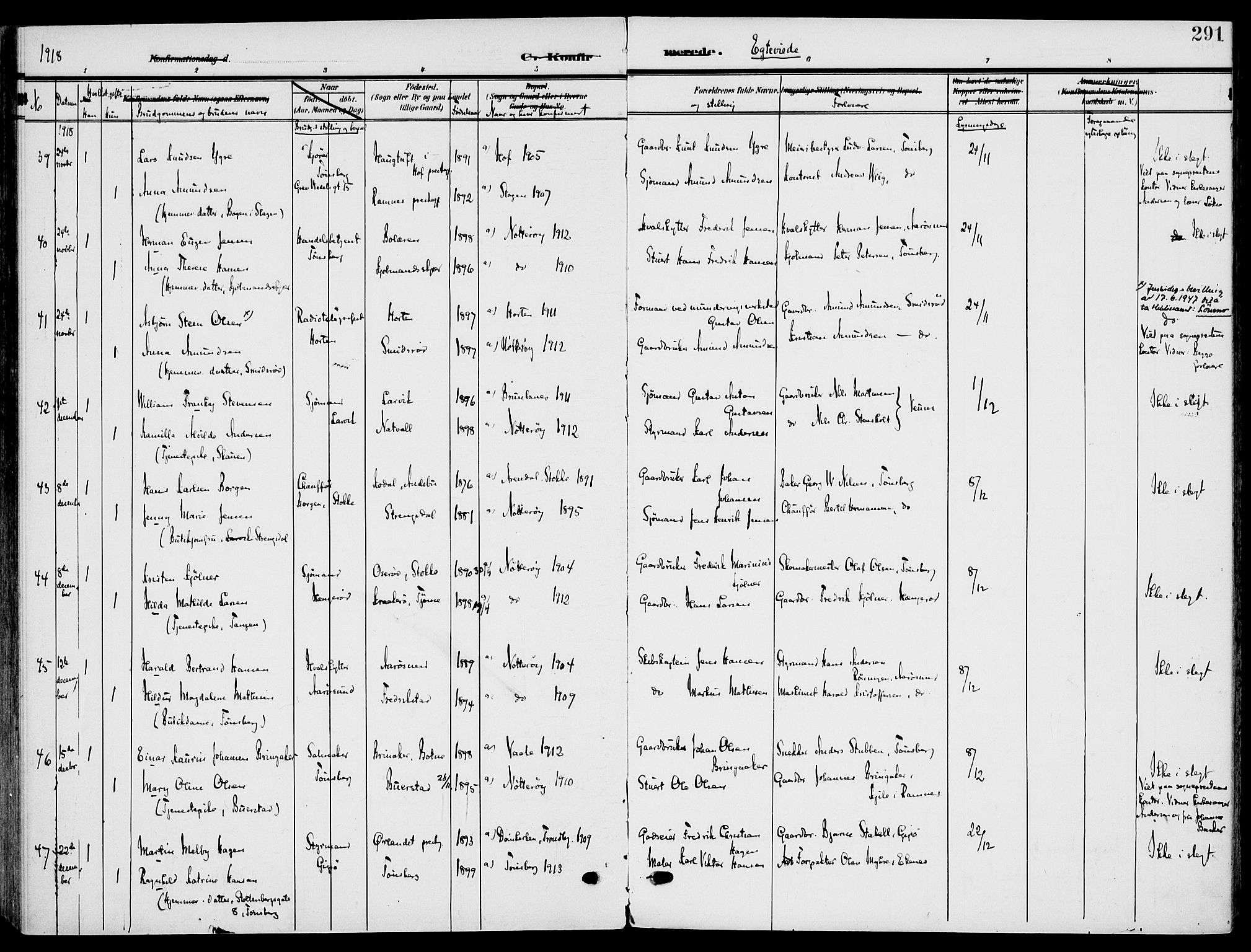 Nøtterøy kirkebøker, AV/SAKO-A-354/F/Fa/L0010: Ministerialbok nr. I 10, 1908-1919, s. 291