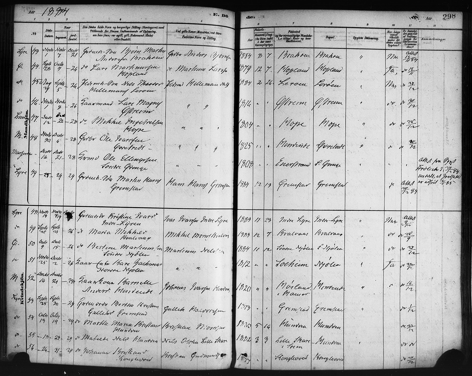 Lindås Sokneprestembete, AV/SAB-A-76701/H/Haa/Haaa/L0019: Ministerialbok nr. A 19, 1878-1912, s. 298