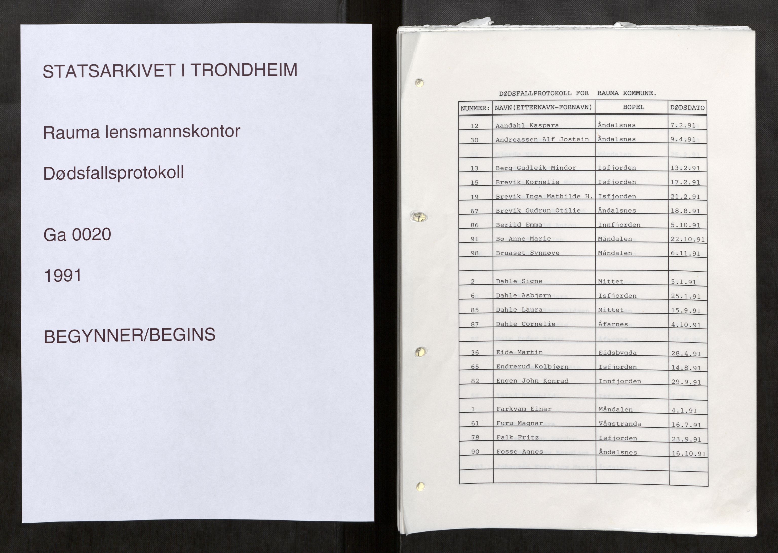 Rauma lensmannskontor, AV/SAT-A-5660/2/Ga/L0020: Dødsfallsprotokoll, 1991