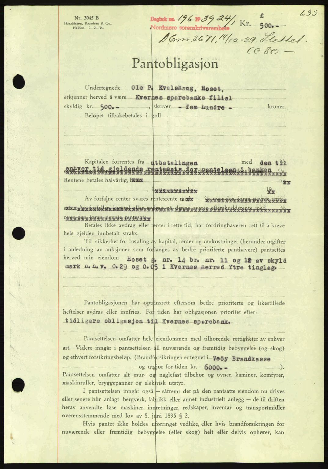 Nordmøre sorenskriveri, AV/SAT-A-4132/1/2/2Ca: Pantebok nr. B84, 1938-1939, Dagboknr: 196/1939