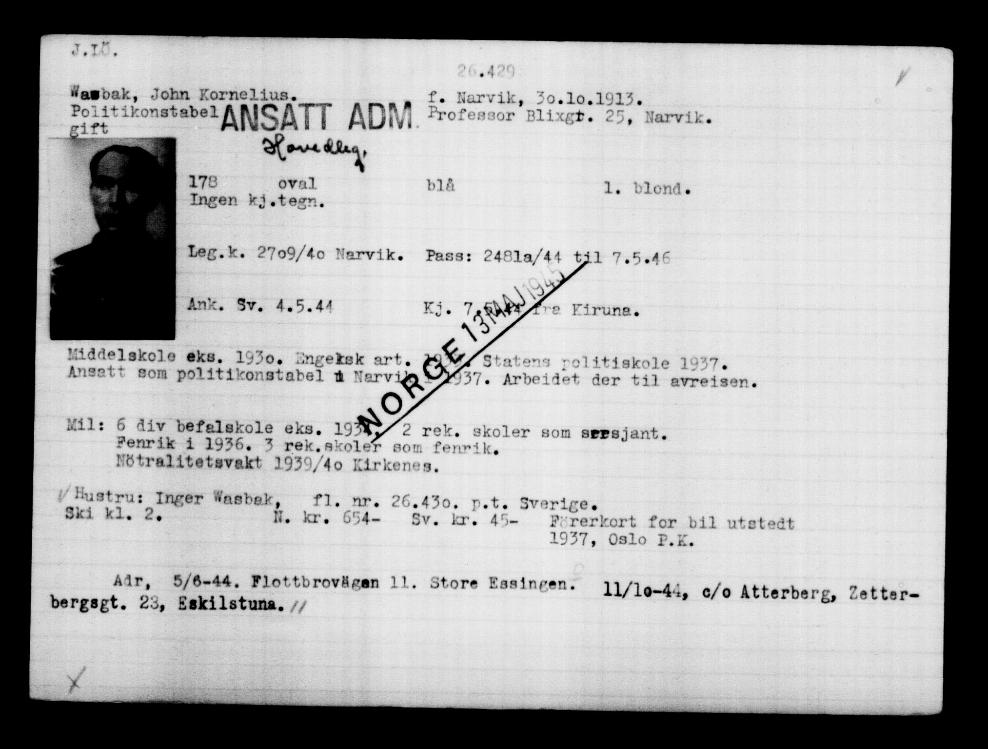 Utenriksstasjonene, Legasjonen i Stockholm, Flyktningkontoret, AV/RA-S-6753/V/Va/L0011: Kjesäterkartoteket, flyktninger med registreringsnr. 25300-28349, 1940-1945, s. 1189