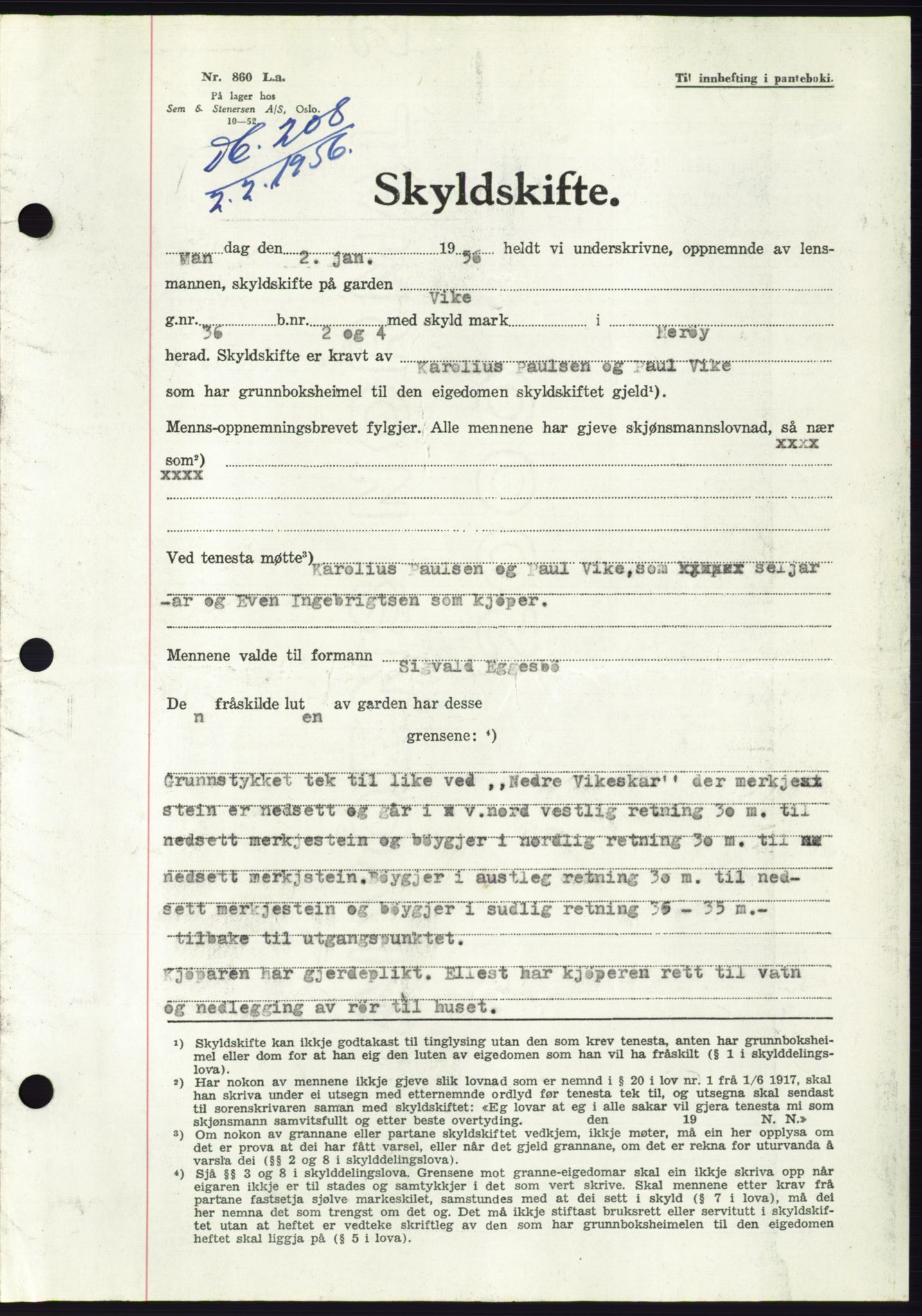 Søre Sunnmøre sorenskriveri, AV/SAT-A-4122/1/2/2C/L0103: Pantebok nr. 29A, 1956-1956, Dagboknr: 208/1956