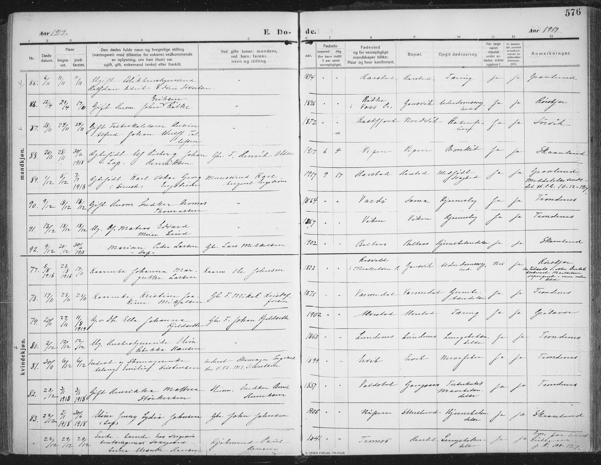 Trondenes sokneprestkontor, AV/SATØ-S-1319/H/Ha/L0018kirke: Ministerialbok nr. 18, 1909-1918, s. 576