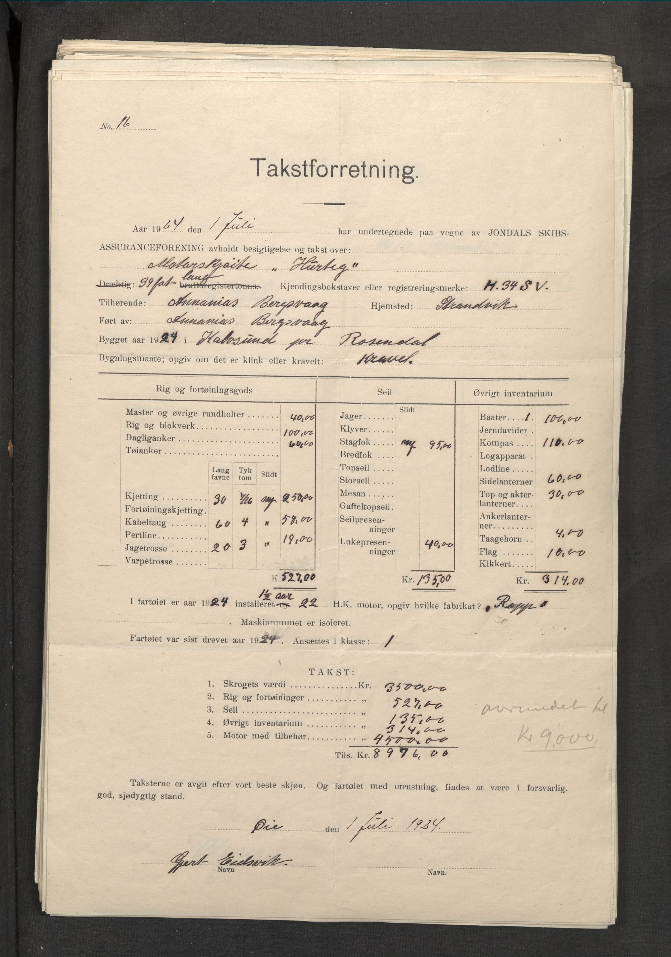 Jondal Skipsassuranseforening, AV/SAB-SAB/PA-0276/E/L0052: Takster , 1924-1928